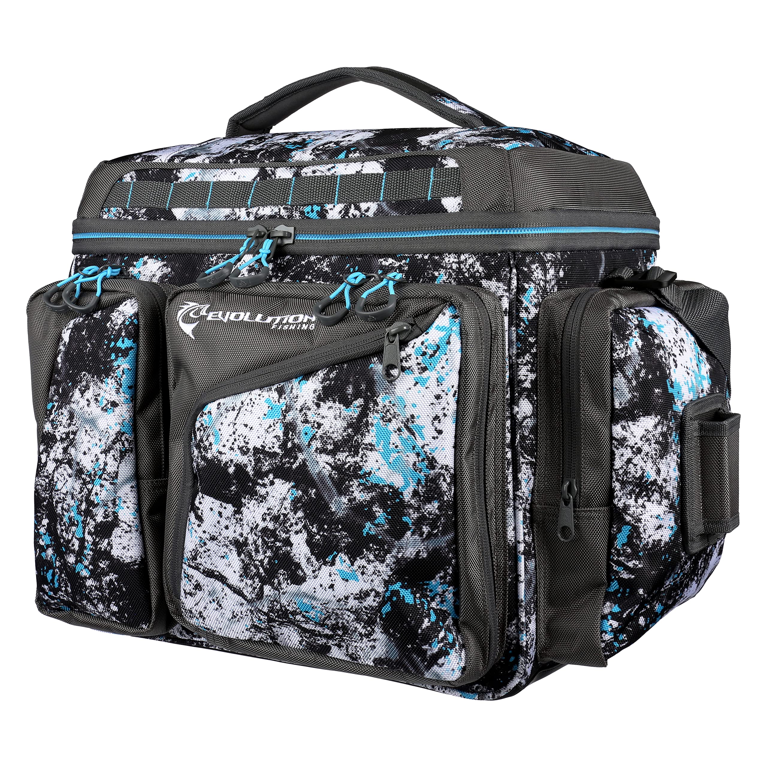 Evolution Fishing Largemouth XL 3700 Tackle Bag - 19-Inch Water Camouflage Fishing Gear Organizer with 3 Trays, Plier Holster & Extra Large Vertical Storage | Perfect for Bass Fishing, Kayak Trips & Outdoor Adventures