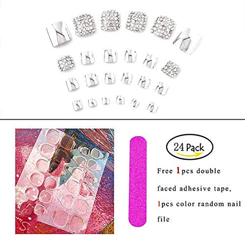 24Pcs Glitter Mirror Silver Acrylic Fake Toenails - Full Cover Sequin Nail Tips for Women & Girls | Perfect for Parties, Pedicures & Nail Art Designs