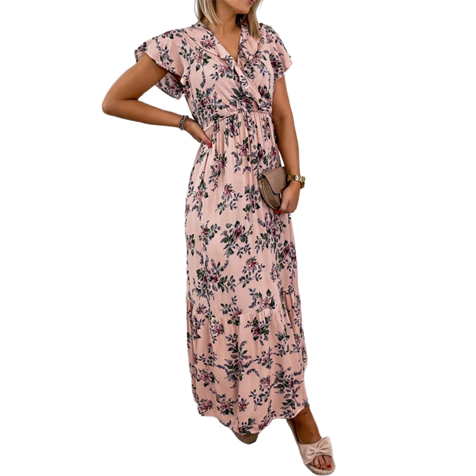 Women's Casual V-Neck Waist-Tight Flowy Short Sleeve Dress for Date Night | Summer Loose Fit Floral Dress for Outdoor Parties & Beach Vacations