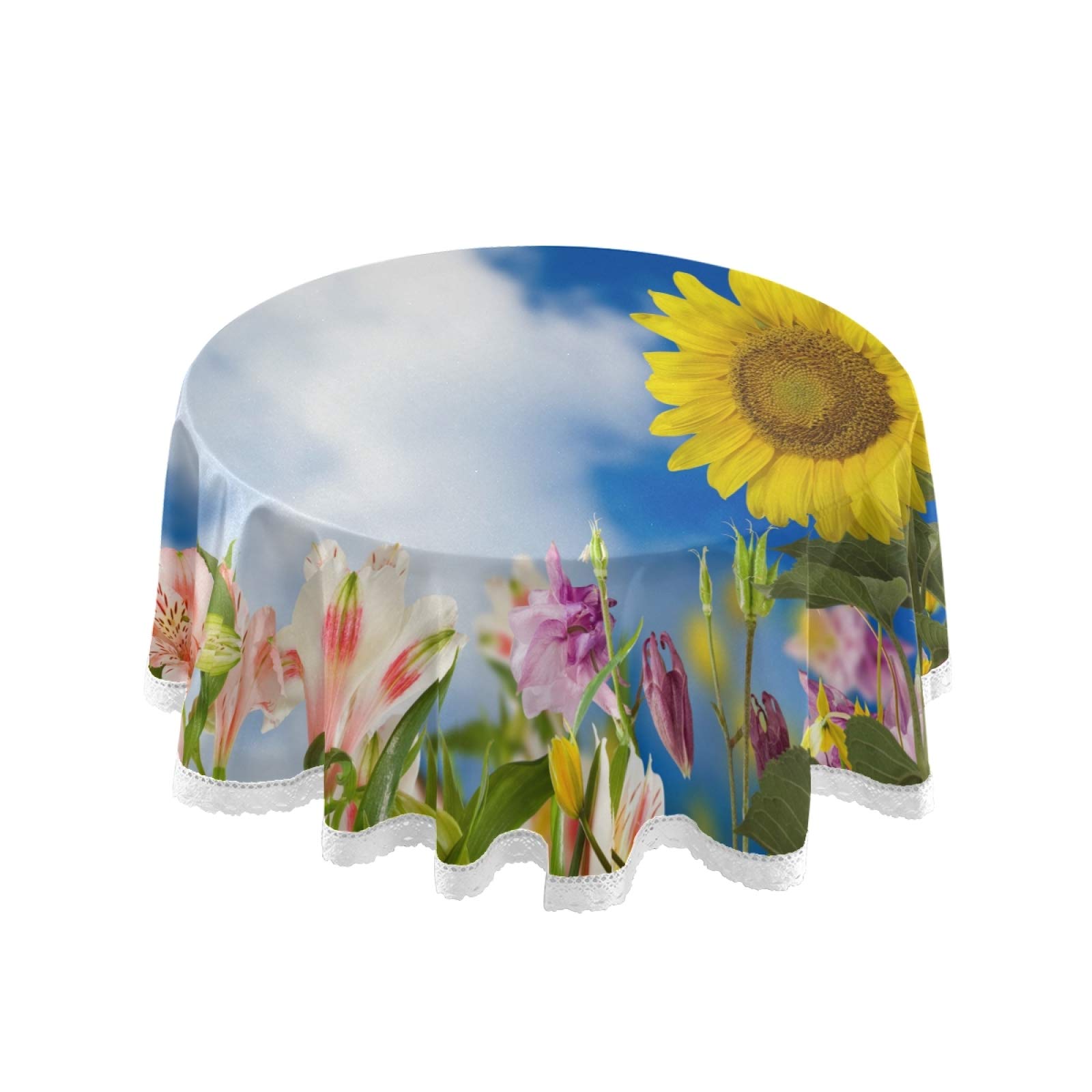 60 Inch Round Floral Tablecloth - Sunflower Spring Blue Sky Design, Washable Polyester for Kitchen, Dining, Party & Picnic Decor | Perfect for Outdoor Gatherings & Seasonal Home Decor