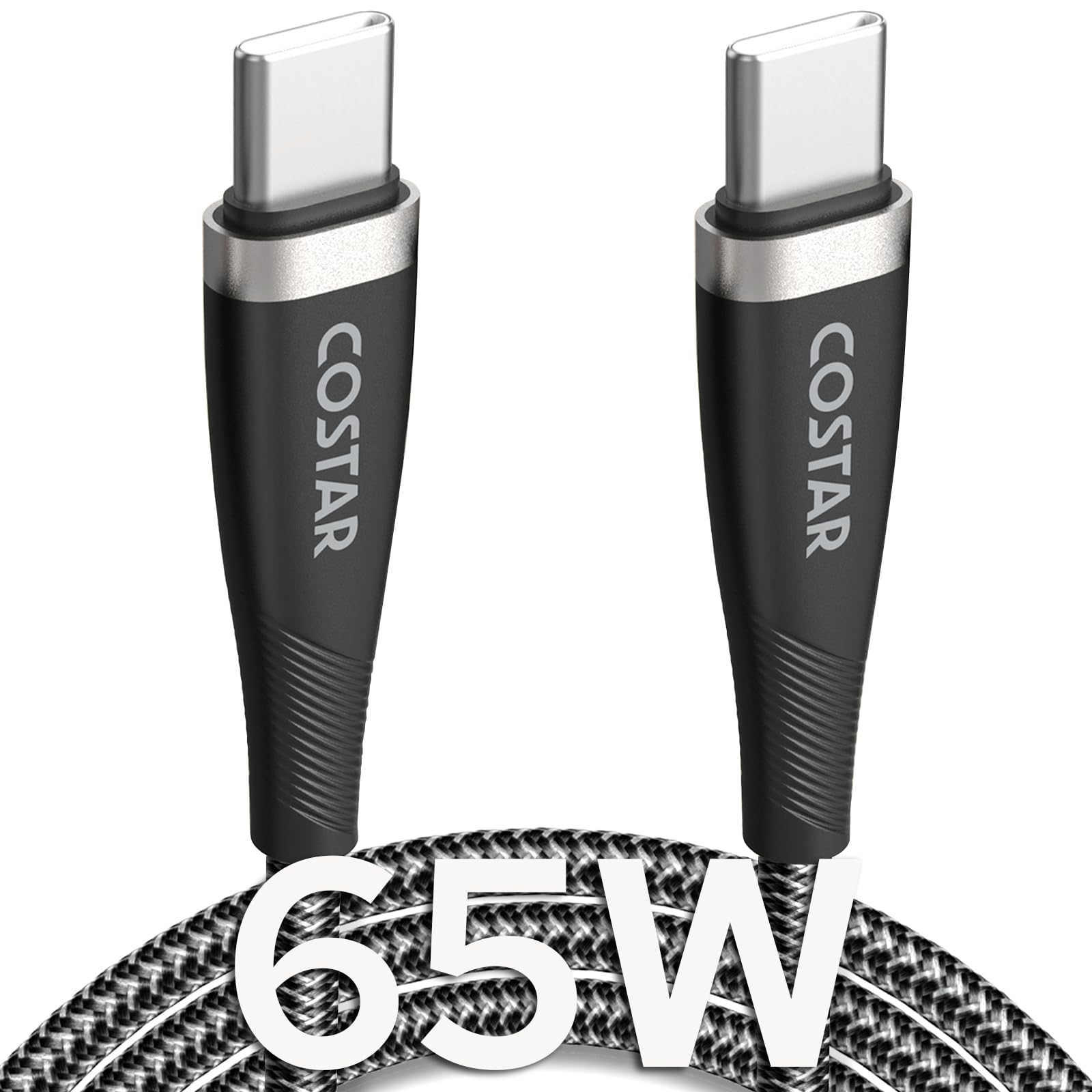 COSTAR 65W USB C to USB C Fast Charging Cable, PD & QC 3.0 Compatible with Samsung Galaxy, OnePlus, Laptop - 4.9ft Braided Nylon Cable for High-Speed Charging & Data Sync (480Mbps) - Perfect for Home, Office & Travel (Black)