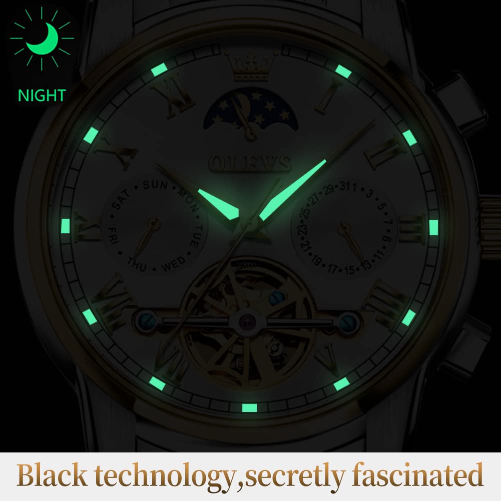 OLEVS Men's Automatic Mechanical Tourbillon Watch - Self-Winding Luxury Stainless Steel Waterproof Wristwatch with Luminous Hands & Date Display | Perfect for Business, Formal Events & Everyday Wear
