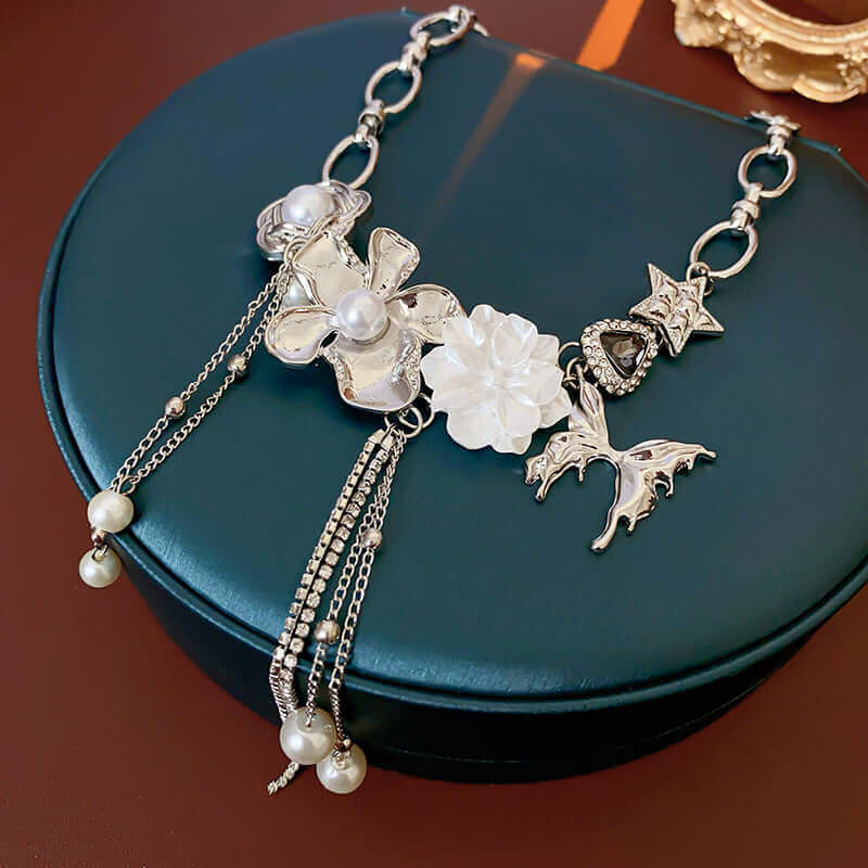 Y2K Metallic Butterfly Pearl Choker Necklace with Tassel - Vintage 90s Retro Fashion Jewelry for Women | Perfect for Parties, Concerts & Festivals