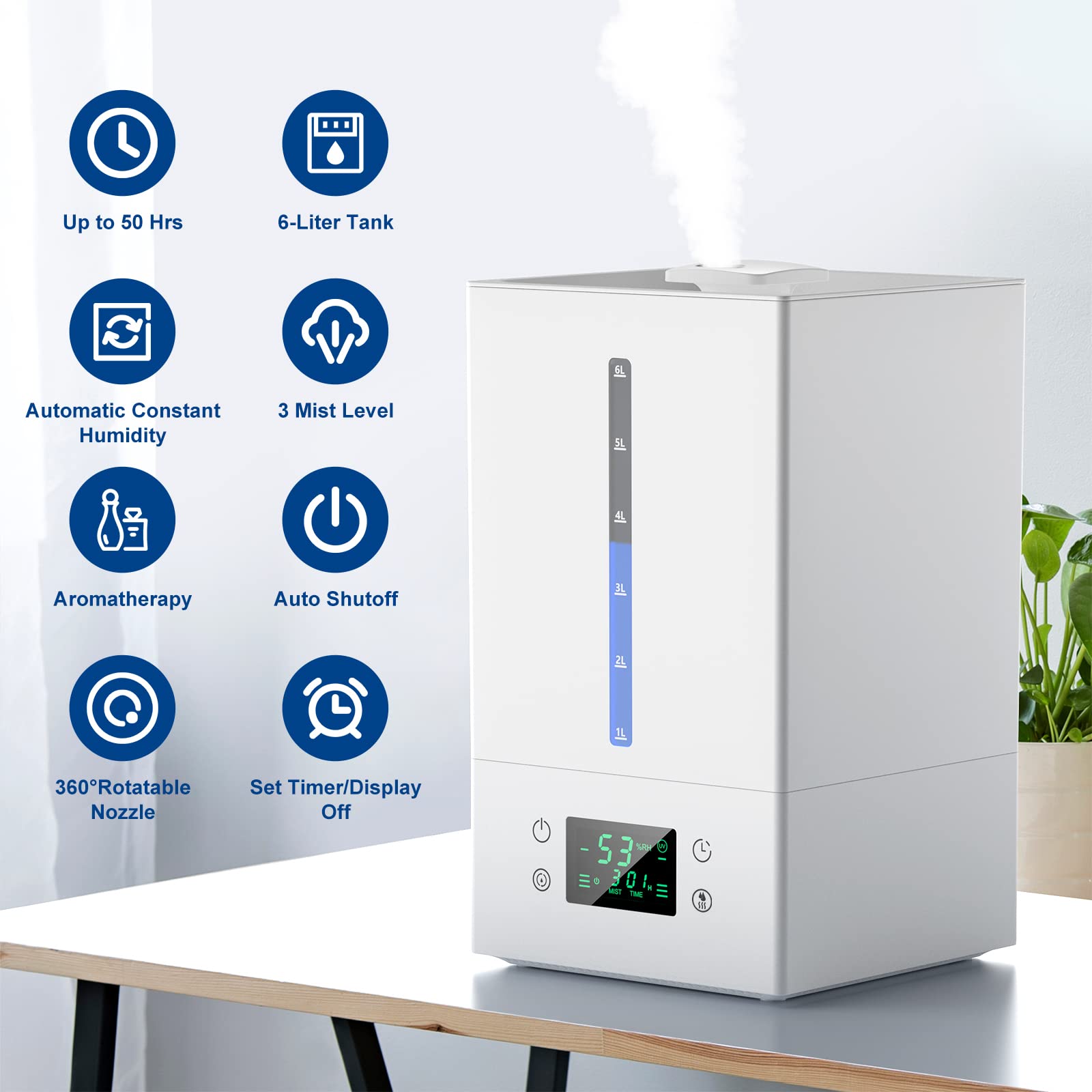6L Large Room Humidifier for Bedroom, Baby Nursery & Plants - Cool Mist Ultrasonic Humidifier with Essential Oil Diffuser, 360° Rotatable Nozzle, Auto Shut-Off, Smart Control & Top Fill Design - Perfect for Dry Air Relief in Homes, Offices & Dorm Rooms (Easy to Clean)