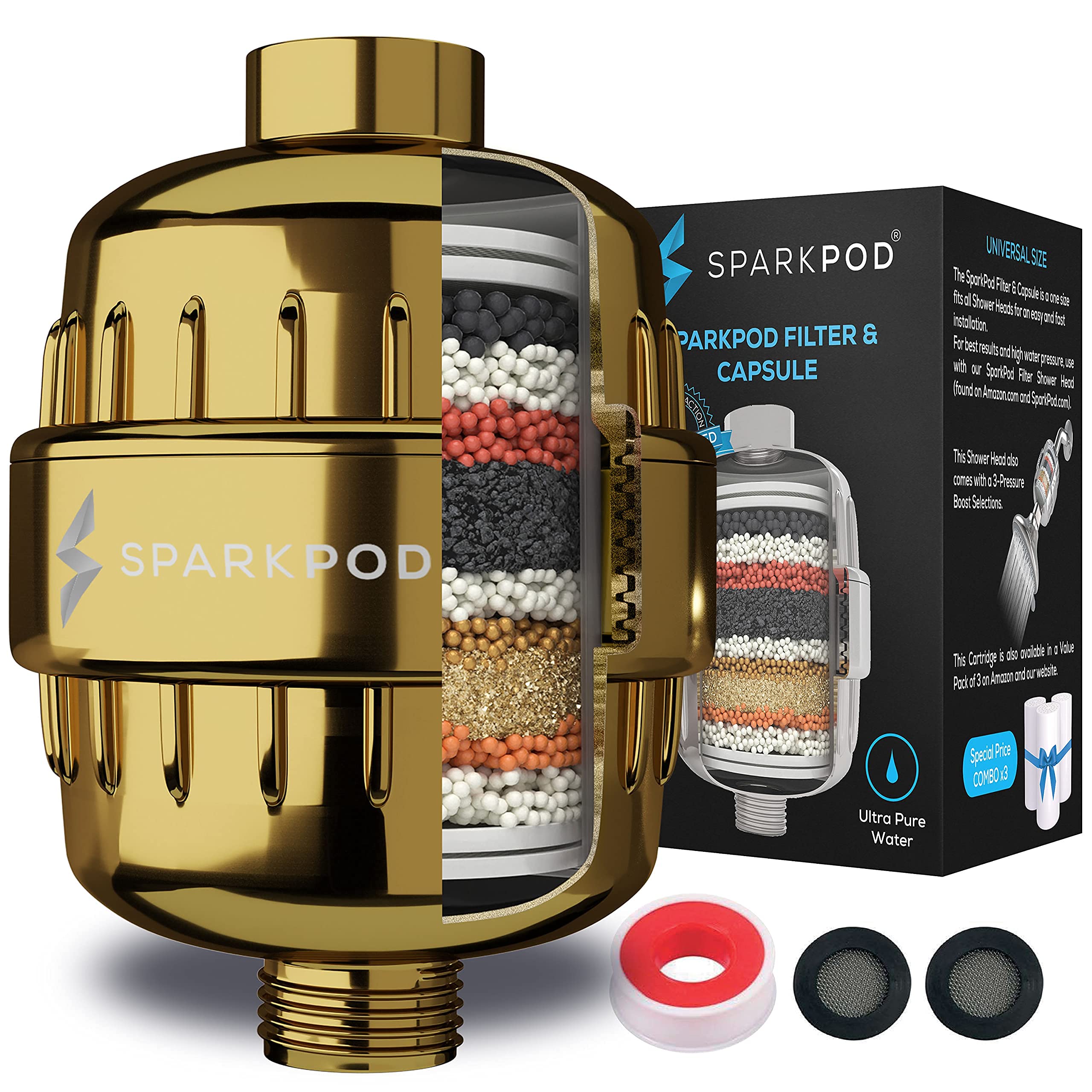 SparkPod Luxury Gold Rain Shower Head with Adjustable Shower Arm & Water Filter Cartridge - Perfect for Spa-Like Bathroom Upgrade & Relaxing Shower Experience