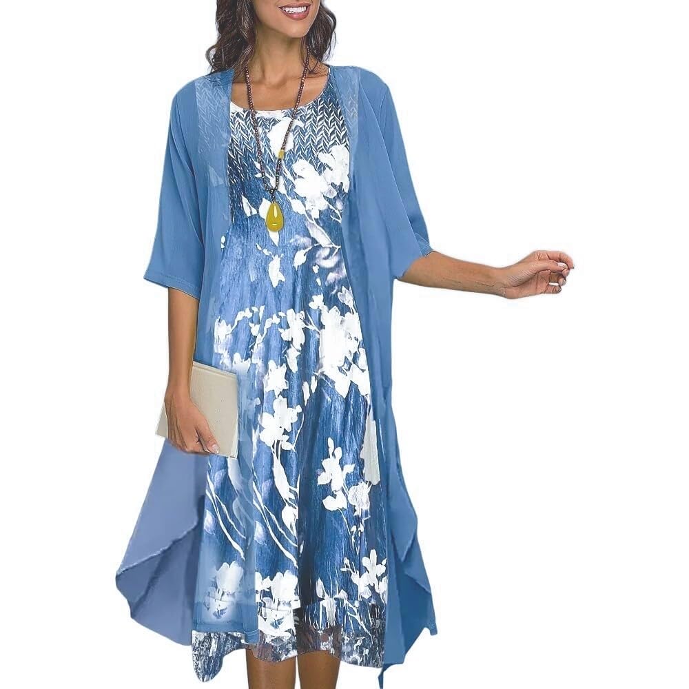 Elegant Two-Piece Maxi Dress Set for Women - Flowy Chiffon Cardigan & Floral Print Midi Dress with Lace Jacket - Wedding Guest Outfit, Beach Cover-Up, Summer Party Dress - X-Large