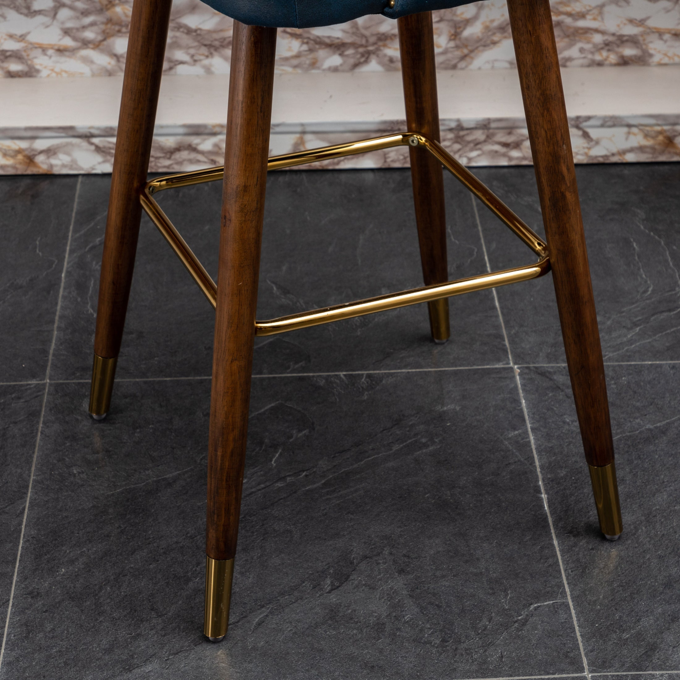 Roundhill Furniture Nevis Mid-Century Modern Faux Leather Tufted Bar Stools with Nailhead Trim - Set of 2 Blue Barstools for Kitchen Island, Breakfast Nook & Home Bar Decor