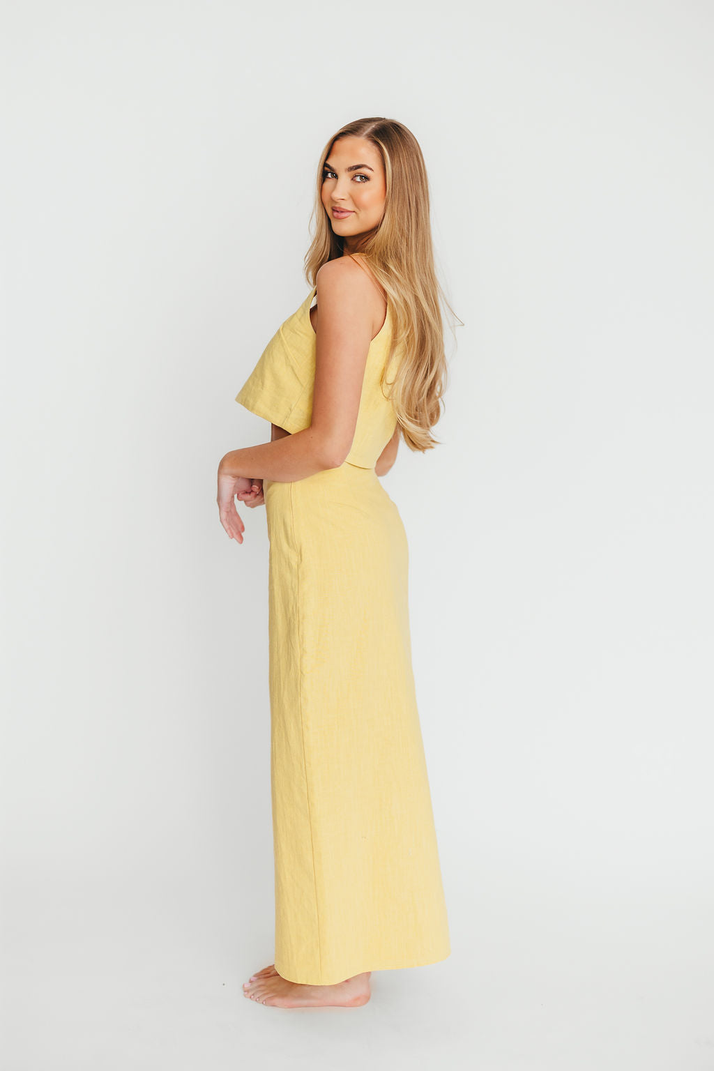 Sierra Linen Crop Top and Skirt Set - Light Yellow Summer Outfit | Breathable Linen Fabric | Casual Boho Two Piece Set for Women | Perfect for Beach Vacation, Brunch Dates & Summer Outings