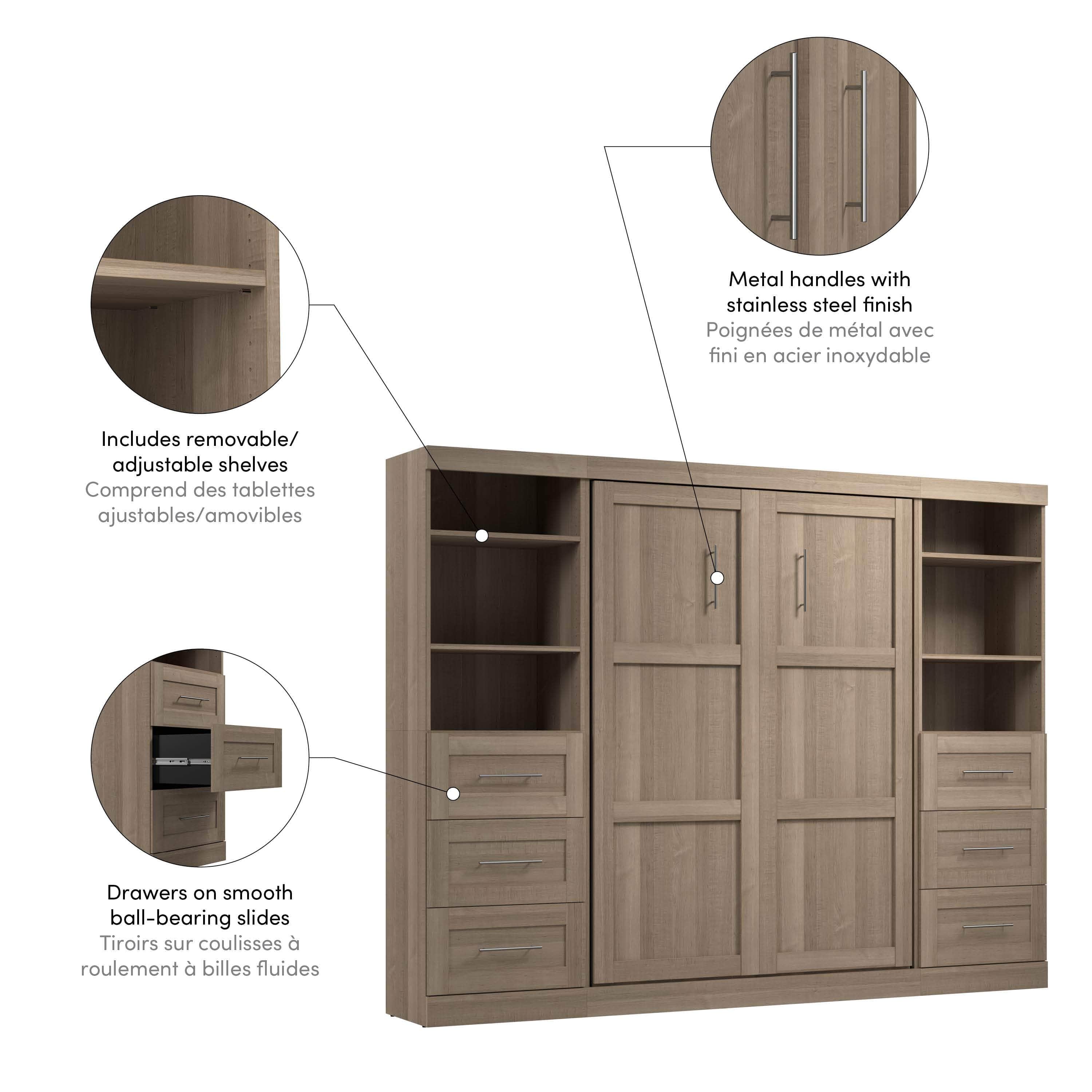Pur Full Murphy Wall Bed with 2 Storage Units & Drawers (109W) - 7 Color Options for Space-Saving Home Office, Guest Room & Small Apartments
