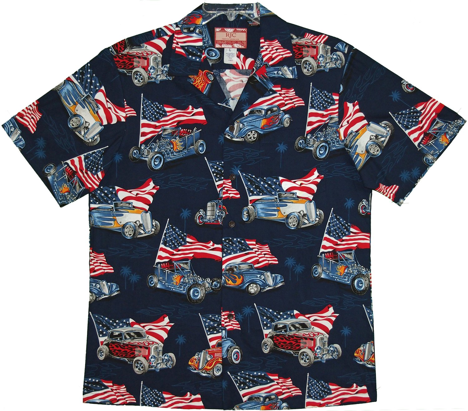 RJC Men's Flaming Roadsters USA Flag Graphic T-Shirt - Patriotic Casual Wear for Motorcycle Rides & American Pride Events