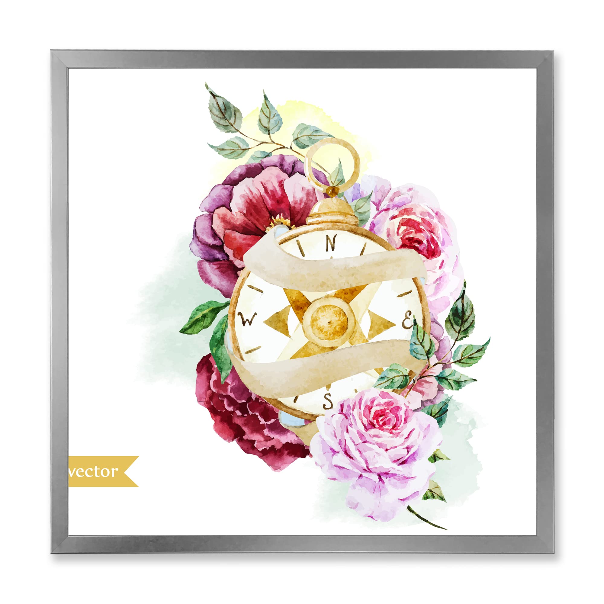 DesignQ Floral Compass Traditional Framed Wall Art - Vintage Home Decor for Living Room, Bedroom & Office