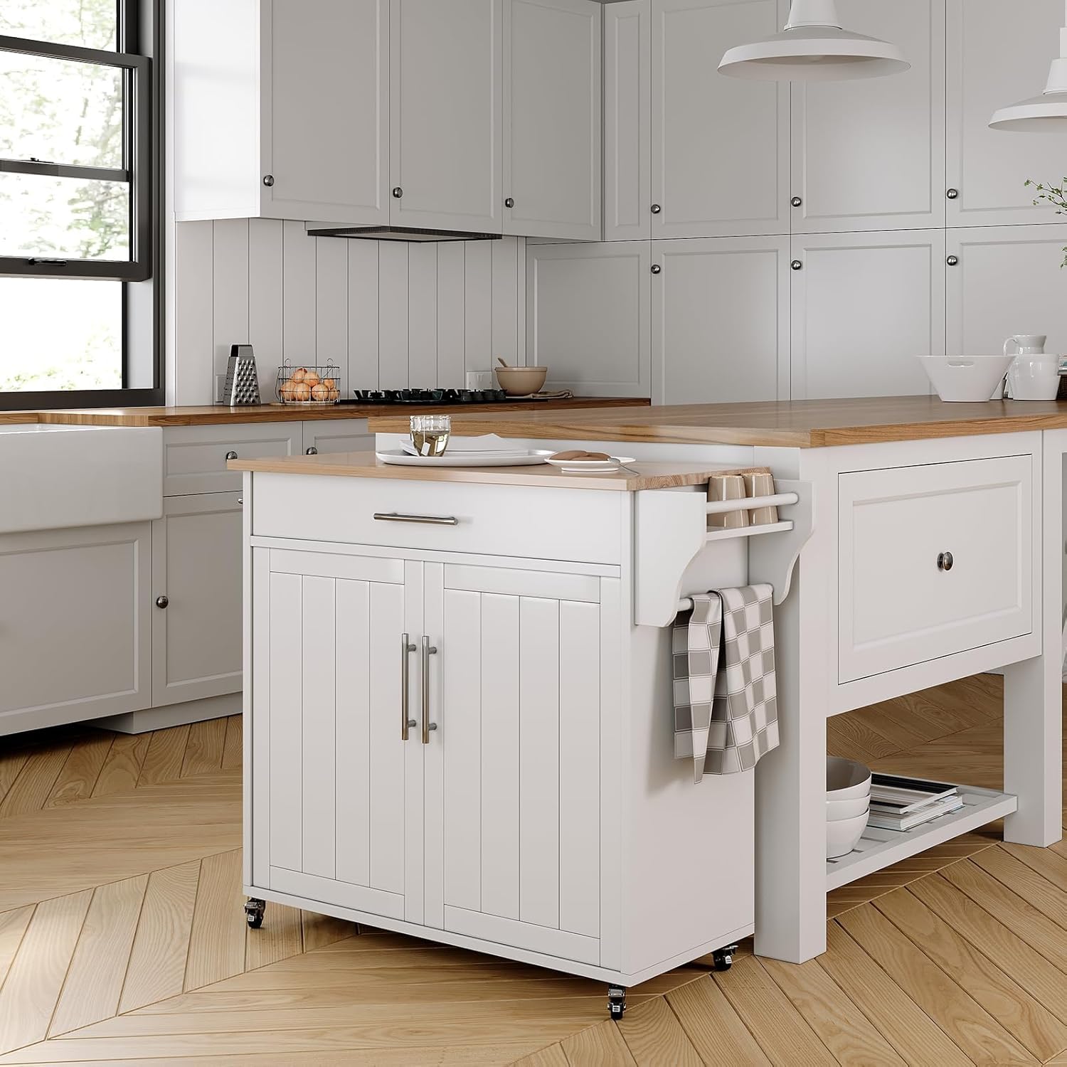 Wooden Rolling Kitchen Island Cart with Countertop - Mobile Kitchen Storage on Wheels, Includes Towel Rack, Spice Rack & Drawers - White | Perfect for Small Kitchens, Apartments & Food Prep Stations