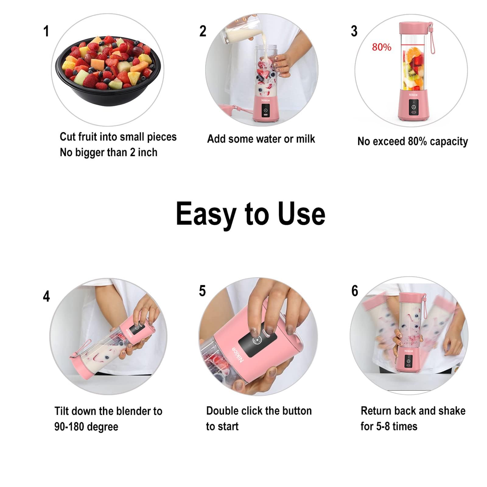 Portable Blender for Smoothies & Shakes - Personal Mini Blender Juicer Cup, Handheld Fruit Mixer for Home, Gym & Travel - Perfect for Protein Shakes, Baby Food & Healthy Drinks (Pink)