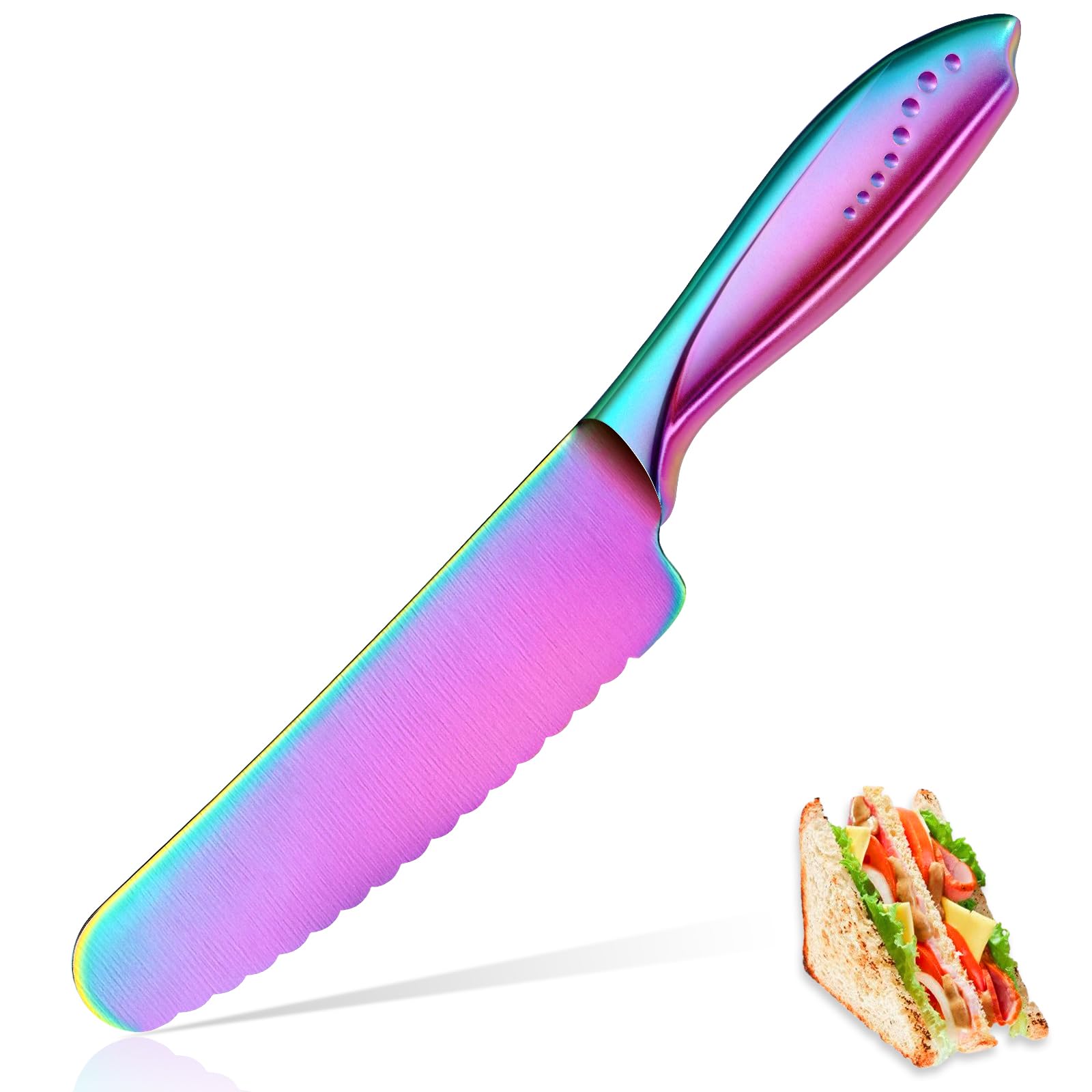 WELLSTAR 6 Inch Serrated Utility Knife - High Carbon Stainless Steel Blade for Cutting Bread, Vegetables, Meat - Rainbow Butter Spreader Knife | Perfect for Kitchen, Picnics, Camping & BBQ Parties