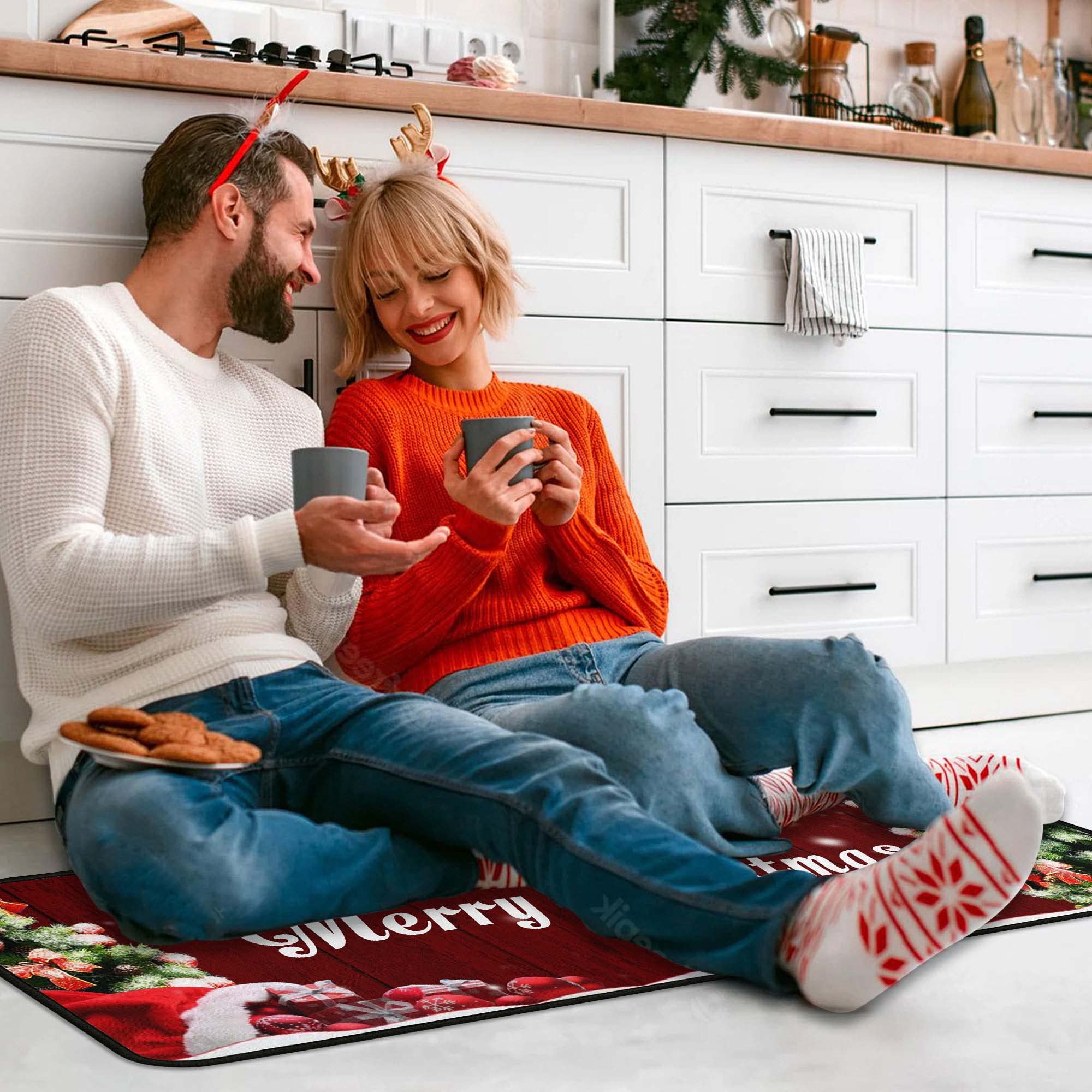 Non-Slip Christmas Kitchen Rugs Set of 2 - Washable Holiday Floor Mats with Anti-Skid Backing, Festive Xmas Decor Doormat Runner for Home Kitchen - Perfect for Holiday Cooking, Dining & Seasonal Home Decor
