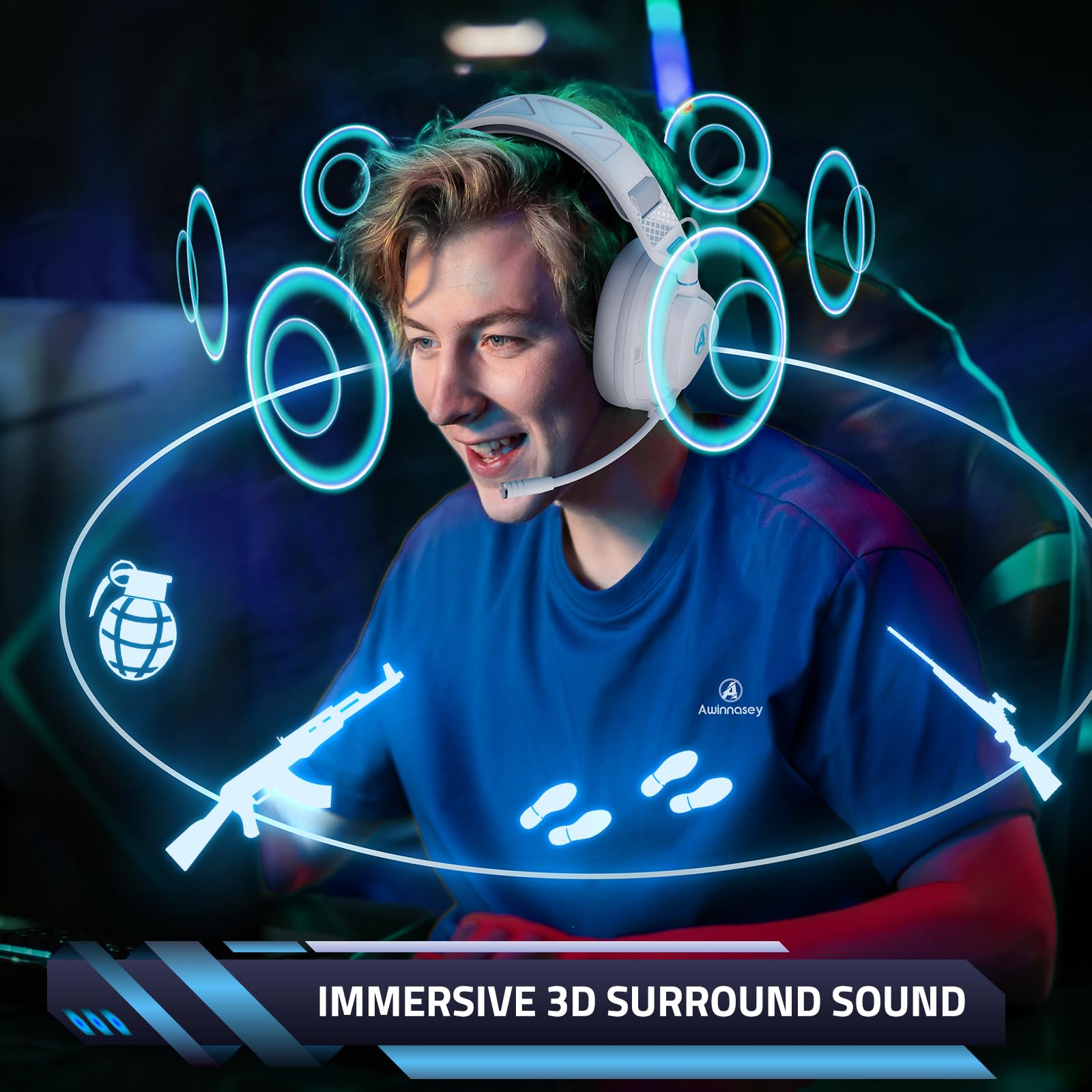 Wireless Gaming Headset for PS5, PS4, Switch, PC & Mac - Lightweight Bluetooth Headphones with 2.4GHz USB Dongle, Over-Ear Noise Cancelling & Built-in Mic (White) - Perfect for Online Gaming, Streaming & Work from Home
