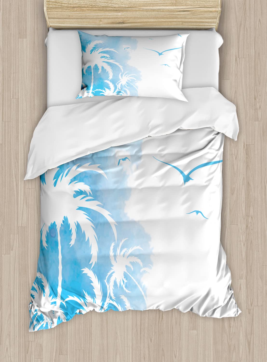 Ambesonne Watercolor Duvet Cover Set - Pastel Flying Silhouettes with Palm Trees Summer Print, Twin Size 2-Piece Bedding Set (2 Duvet Covers + 2 Pillowcases) in Sky Blue & White - Perfect for Beach House Decor, Guest Room & Summer Bedroom Makeover