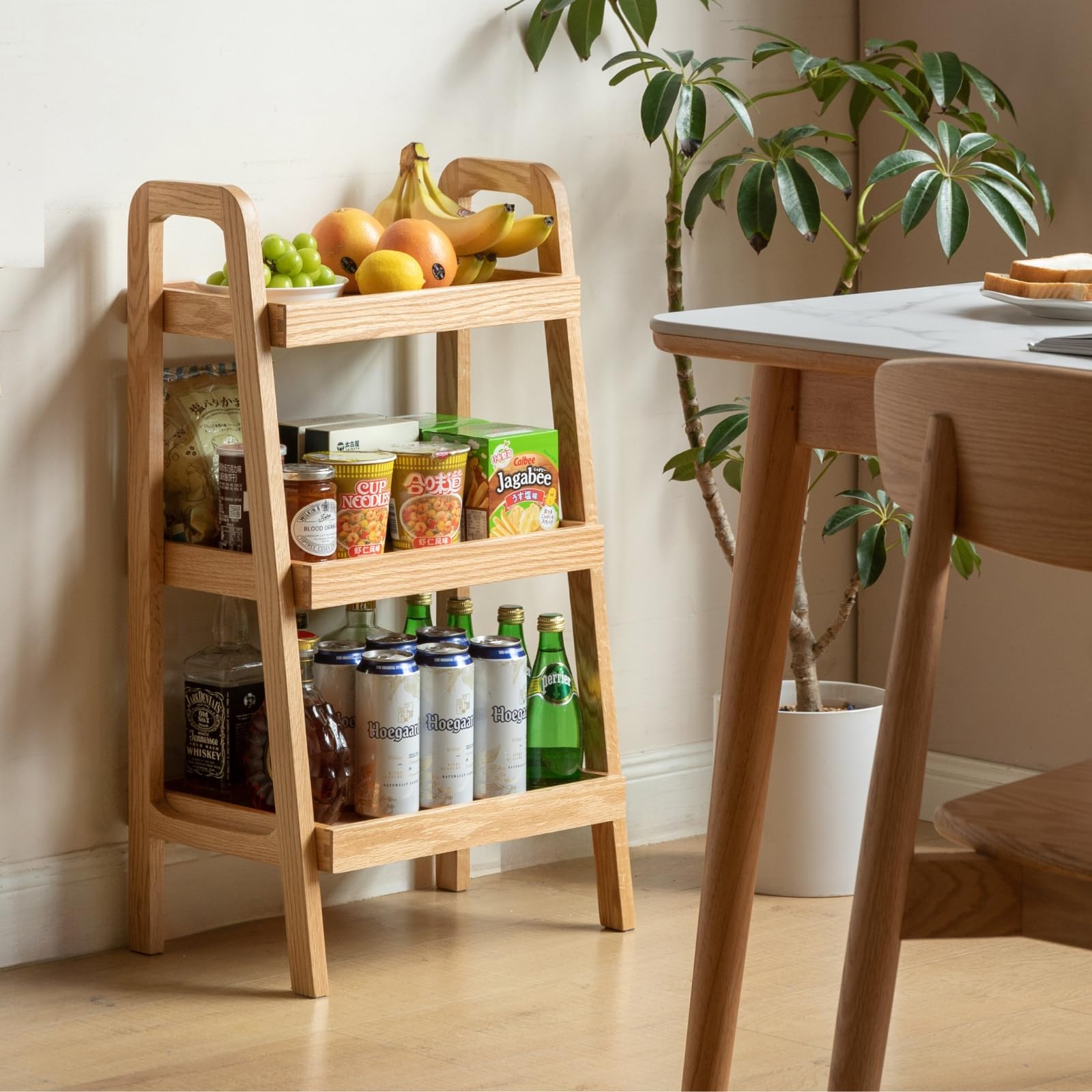 3-Tier Ladder Shelf - Solid Oak Wood Bookshelf with Storage, Small Side Table for Living Room, Bedroom, Kitchen & Bathroom - Perfect for Organizing Books, Plants & Decor (Natural Finish)