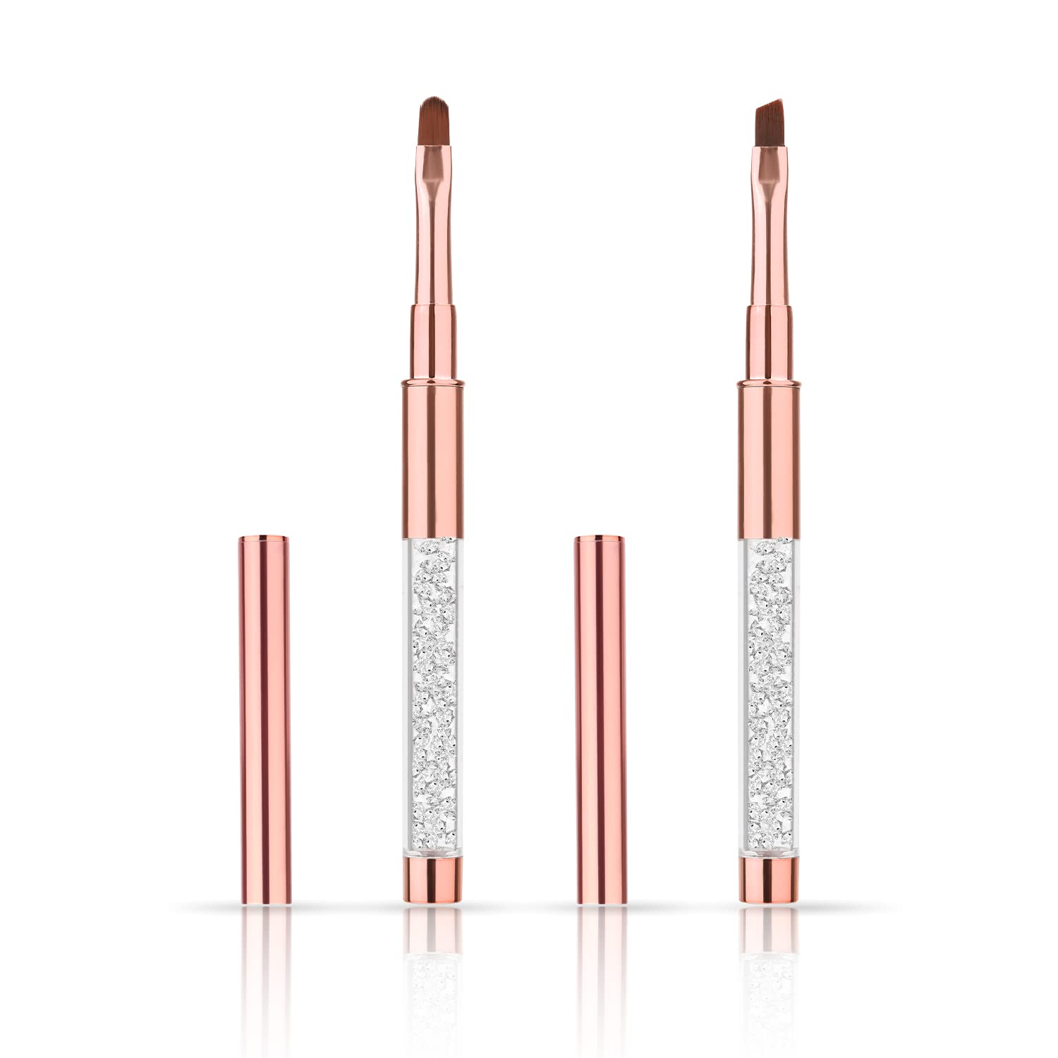 2Pcs Nail Art Clean Up Brushes - Round & Angled Head Polish Remover Brushes with Metal Rhinestone Handle for DIY Nail Design & Corrections (Rose Gold) | Perfect for Salon Professionals & Home Manicures