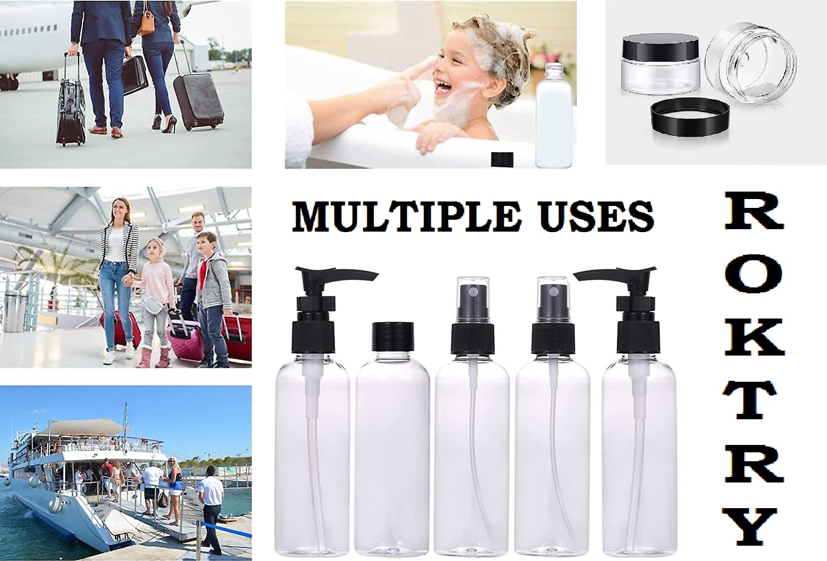 ROKTRY 7-Piece Leakproof Travel Bottles Set with Toiletry Containers & Zipper Bag - Refillable Squeezable Cosmetic Shampoo Jars - Portable Liquid Travel Accessories for Toiletries, Shampoo, Lotion & Skincare (Ideal for Air Travel, Gym, Camping & Vacation)