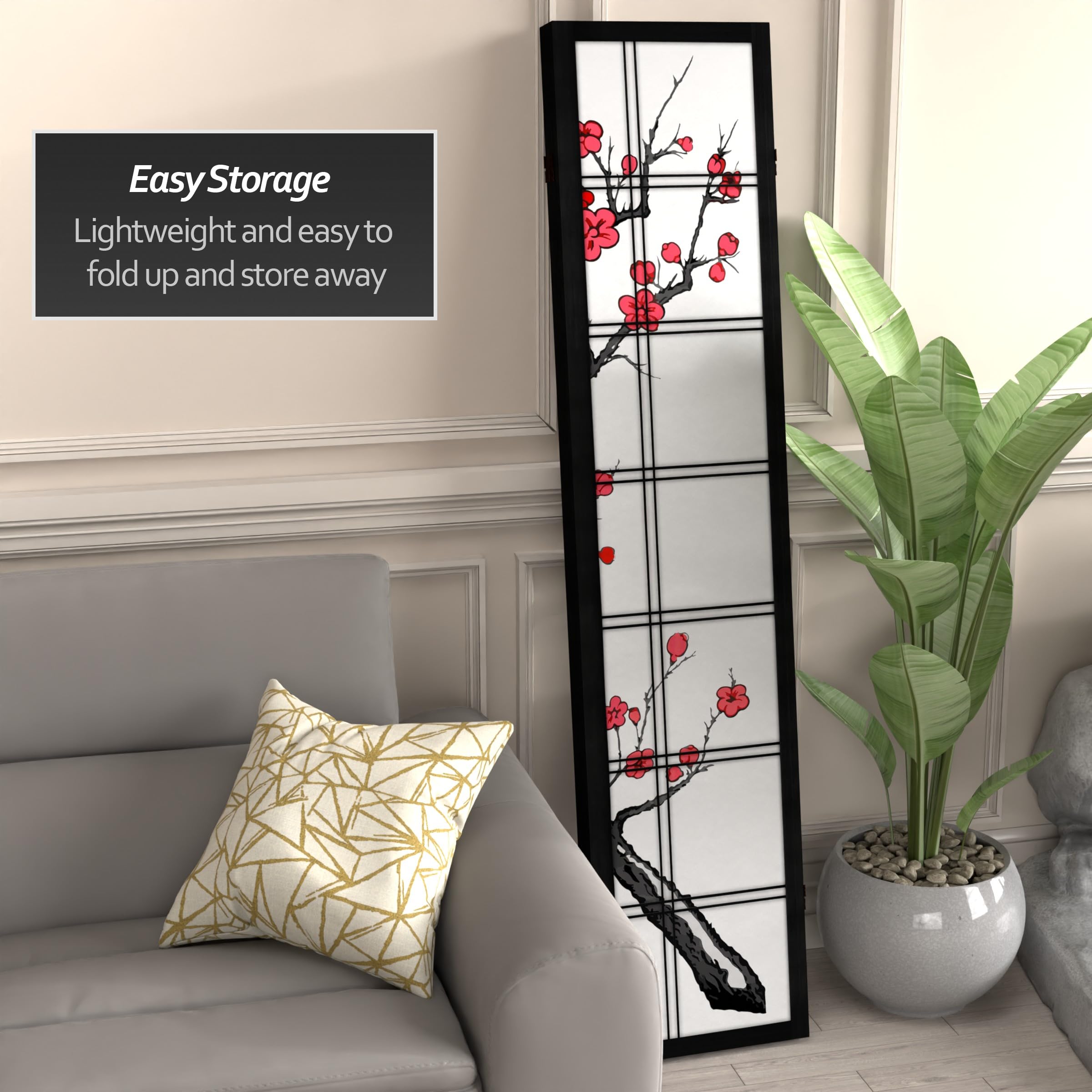 6 ft Tall Red Lantern Canvas Cherry Blossom Black Room Divider Screen - 3 Panel Folding Privacy Partition for Bedroom, Living Room, Office & Studio Decor