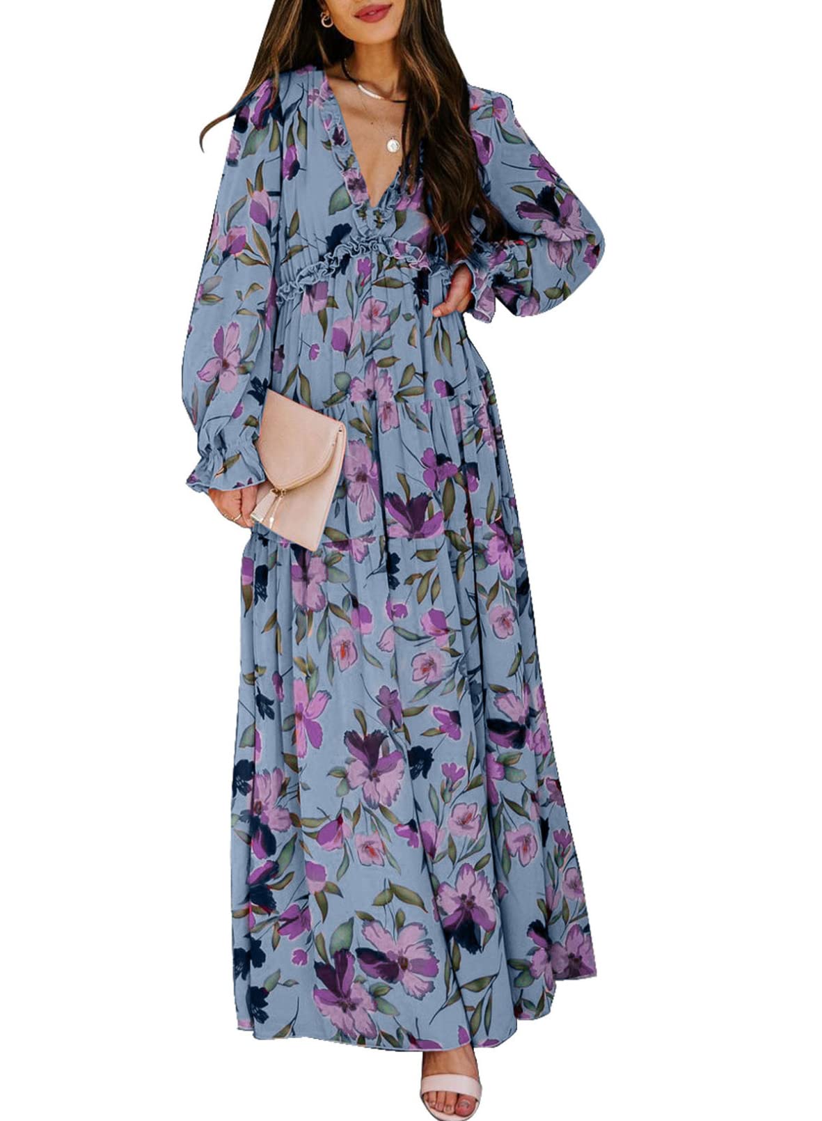Bdcoco Women's Floral Print Plunge Neck Maxi Dress Long Sleeve Evening Cocktail Dress for Party, Wedding, Date Night & Special Occasions