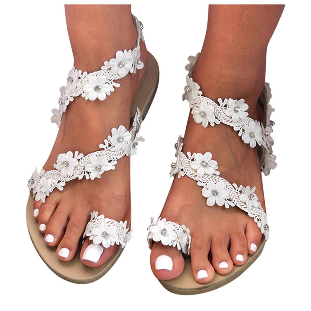Women's Bohemian Rhinestone Pearl Flat Sandals - Stylish Thong Gladiator Sandals with Bling for Open Toe Dress Occasions | Perfect for Beach, Wedding & Summer Outfits