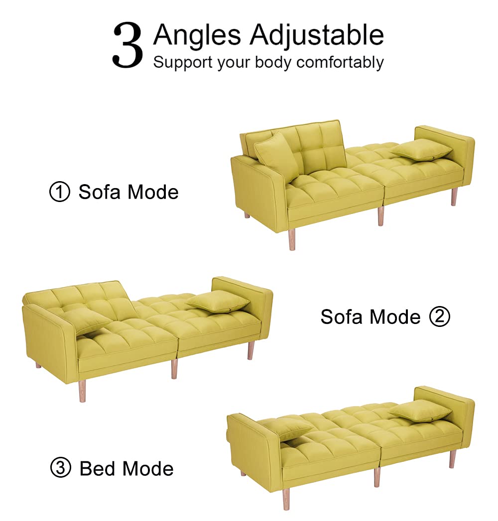 Modern Convertible Futon Sofa Bed with Armrests & 2 Pillows - Twin Size Sleeper Sofa for Living Room, Guest Room & Small Spaces - 5 Solid Wood Legs, Handpicked Yellow Fabric - Perfect for Apartments, Dorms & Home Offices