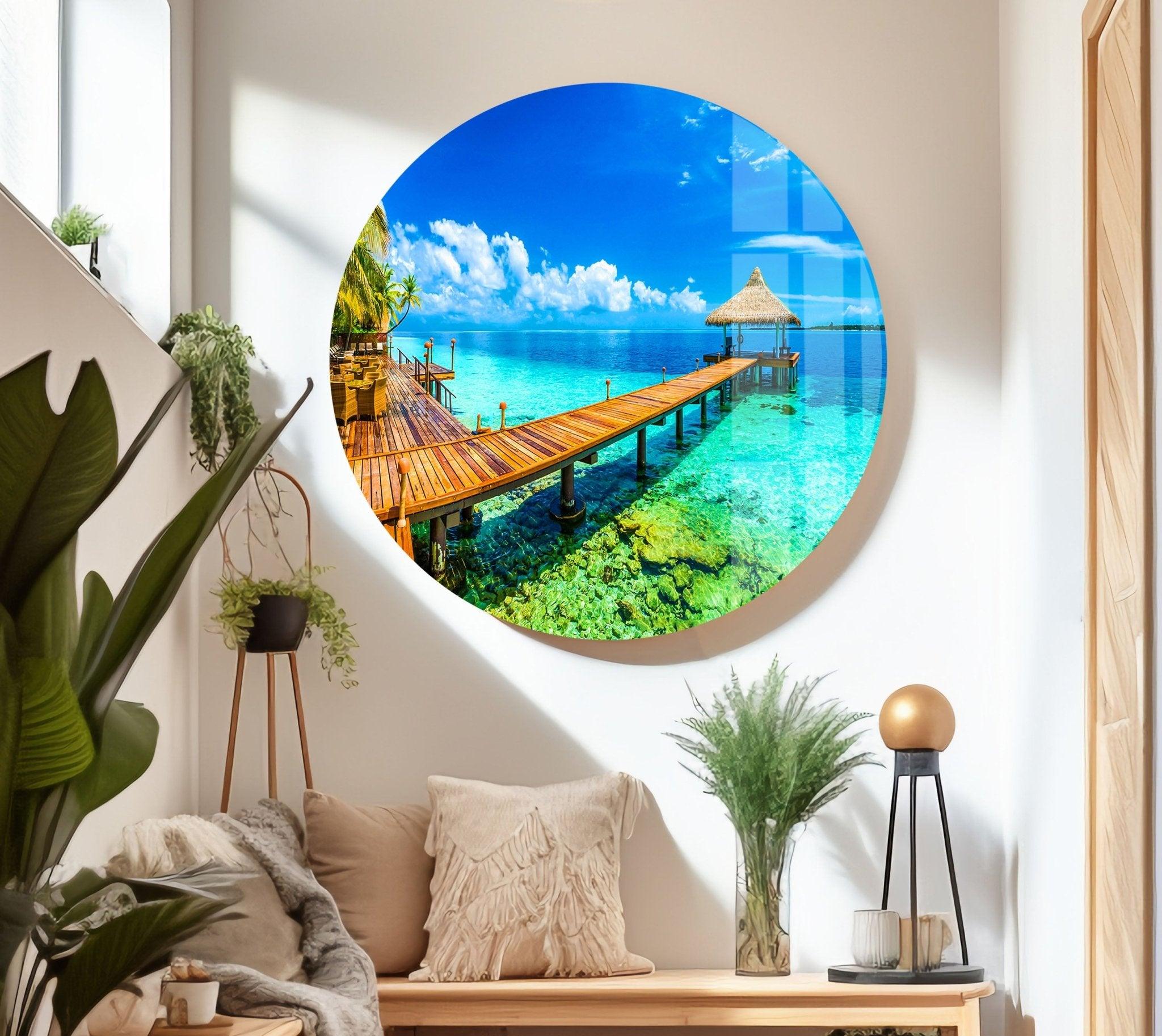 Stunning Tropical Island Glass Wall Art - Handmade Beach Decor for Living Room, Bedroom & Office - Perfect Coastal Home Accent