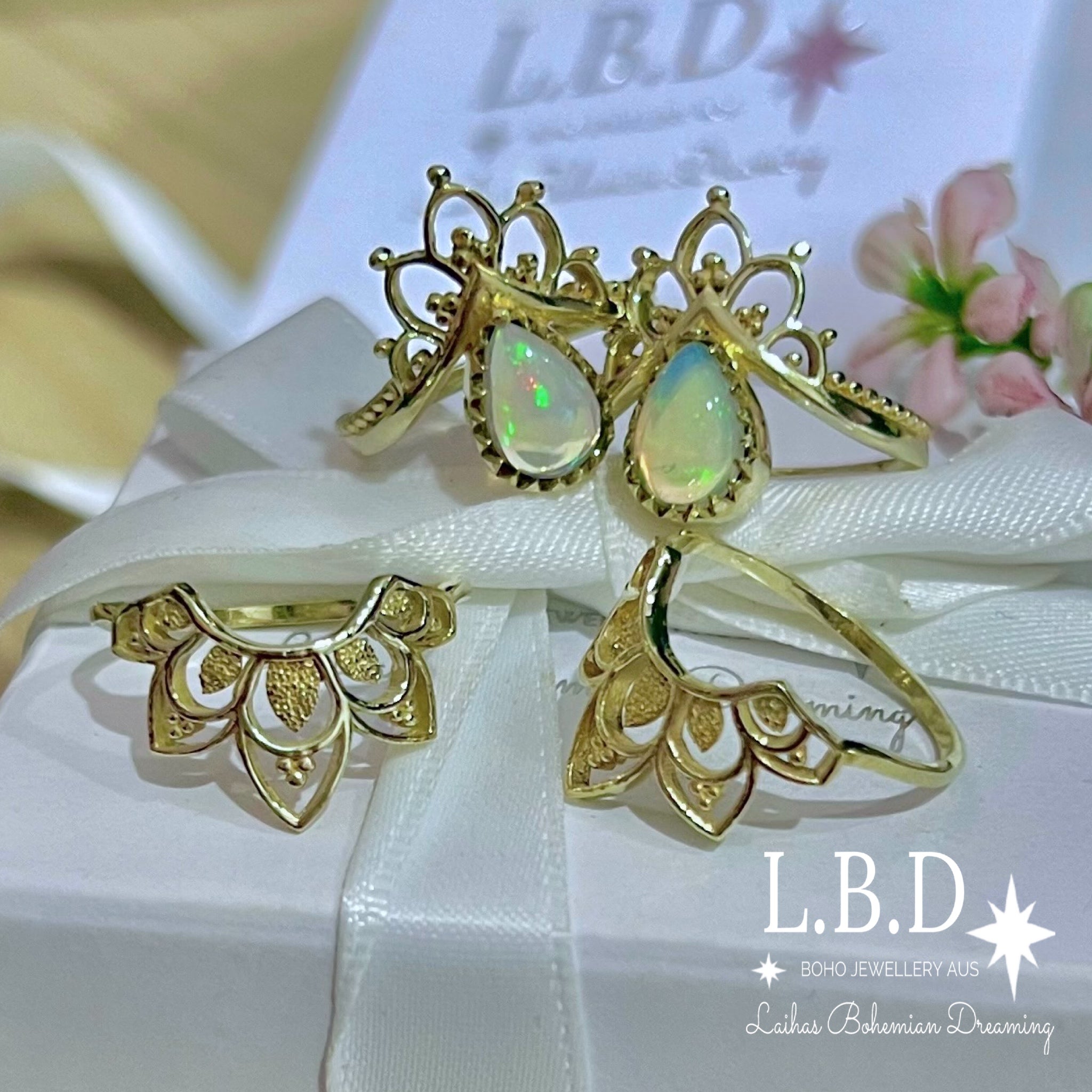 14K Gold Vermeil Opal Daisy Ring Set - Boho Chic Jewelry for Women, Perfect for Weddings, Parties & Everyday Wear