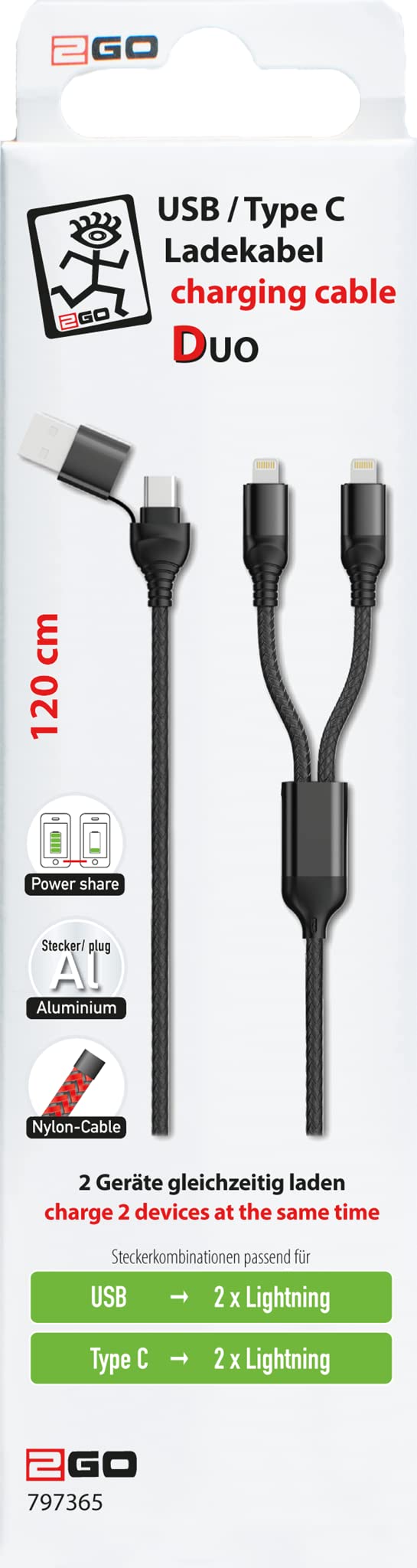 2GO Duo Fast Charging Cable - USB to Lightning & Type C, 120cm (4ft) - Compatible with iPhone, iPad, Samsung - Perfect for Home, Office & Travel Charging