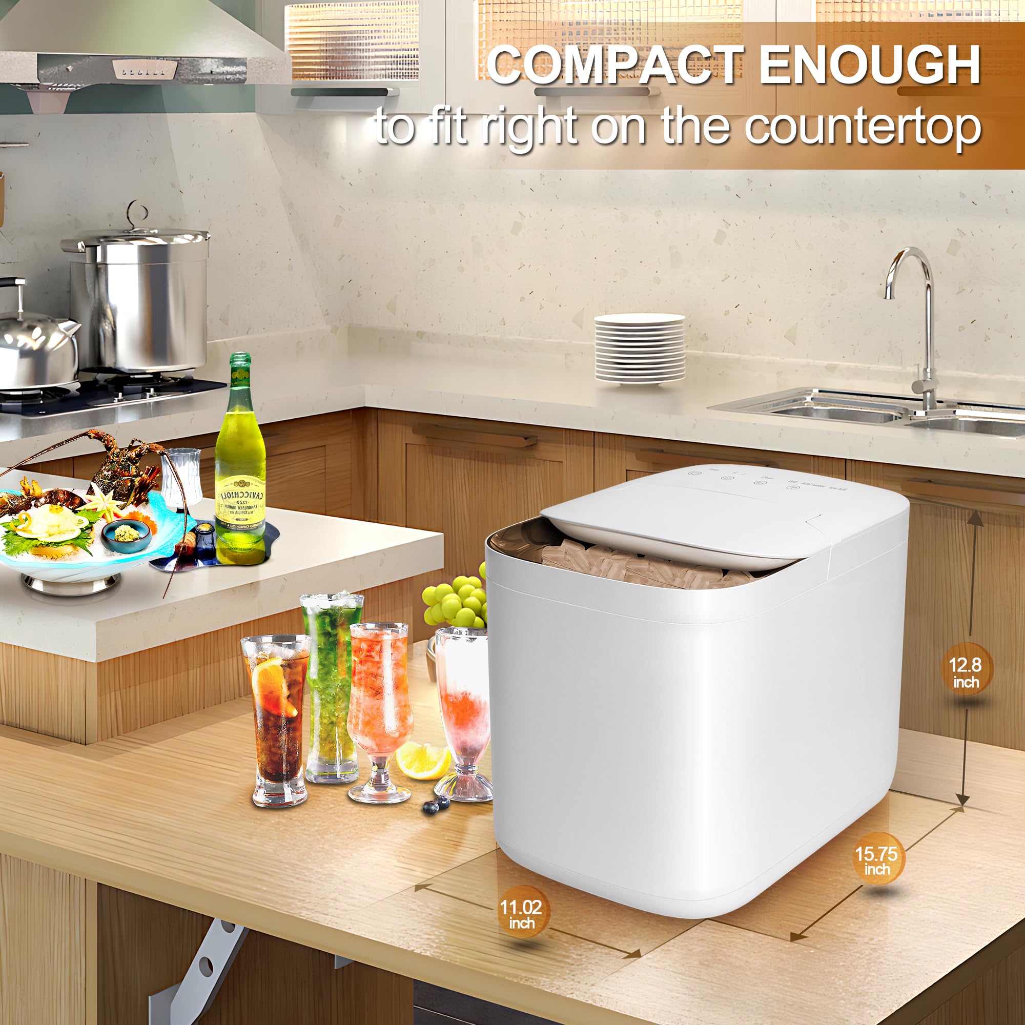 Portable Countertop Ice Maker Machine with App - 33lbs/24H Chewable Pebble & Bullet Ice in 6-8 Mins, 30 Min Self-Cleaning, 2 Ice Sizes - Perfect for Home, Office, Bar, RV & Outdoor Parties (White)