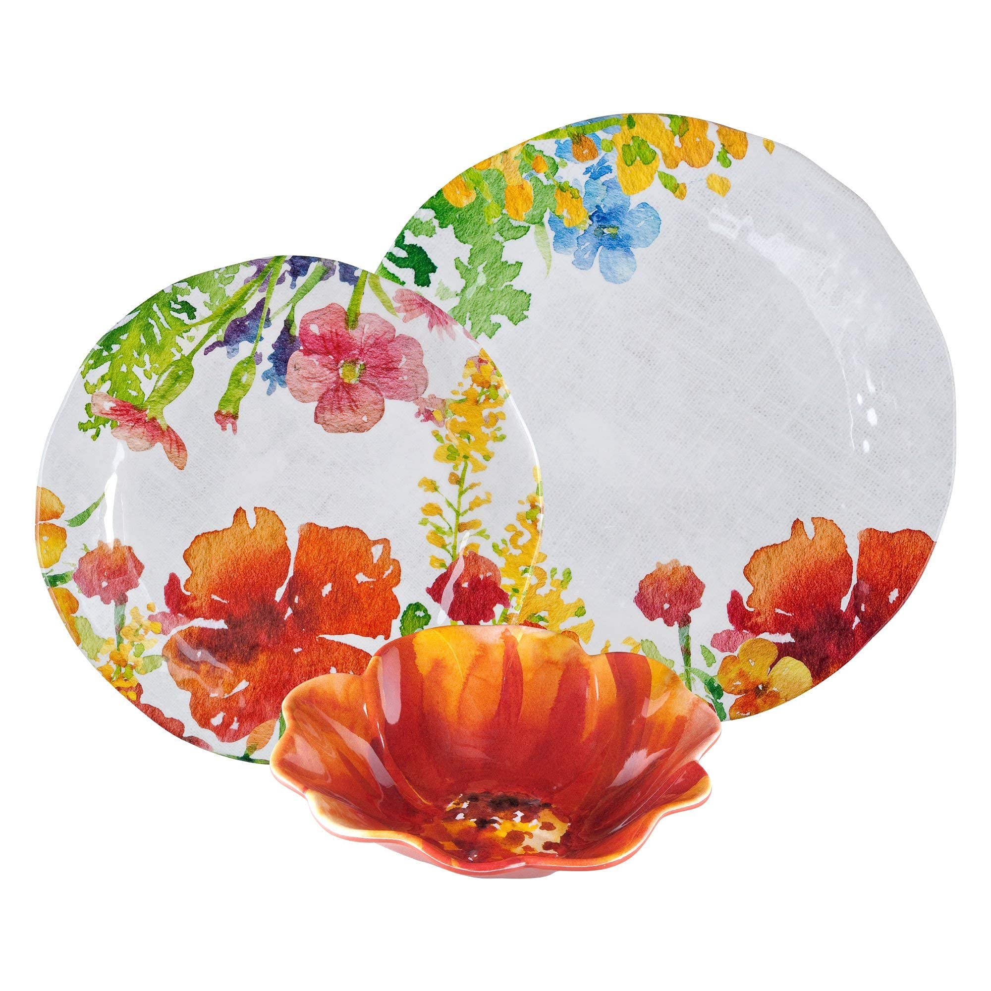 UPware 12-Piece Melamine Dinnerware Set - 4 Dinner Plates, 4 Salad Plates & 4 Bowls, Durable Unbreakable Dish Set for Outdoor Dining, Camping, Picnics & Everyday Use (Floral Design)