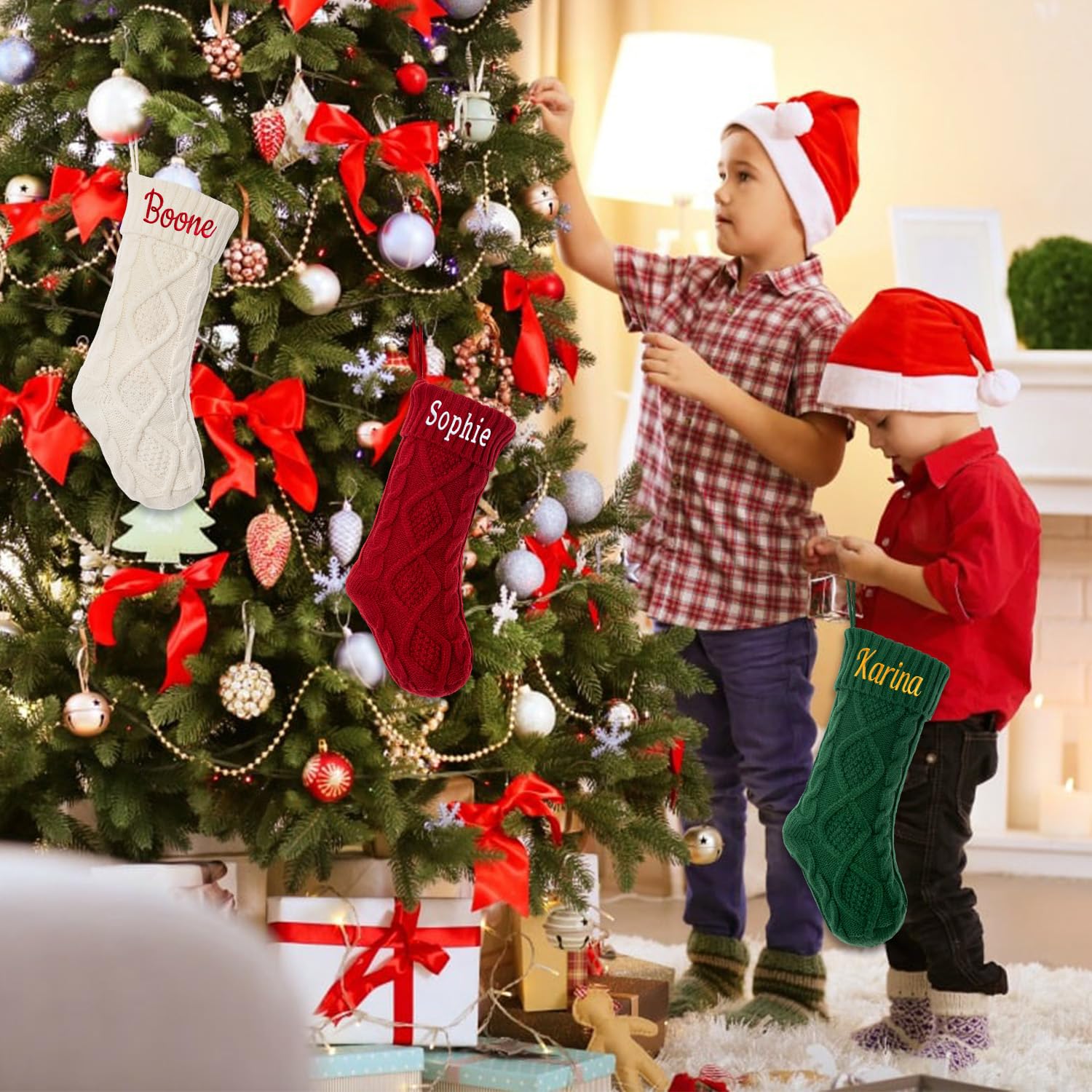Personalized Christmas Stockings 18 Inch - Custom Name Knitted Stockings for Fireplace (3 Pack) | Double-Sided Xmas Decor for Kids, Family & Holiday Parties | Perfect for Christmas Tree Decorations & Gift Exchanges