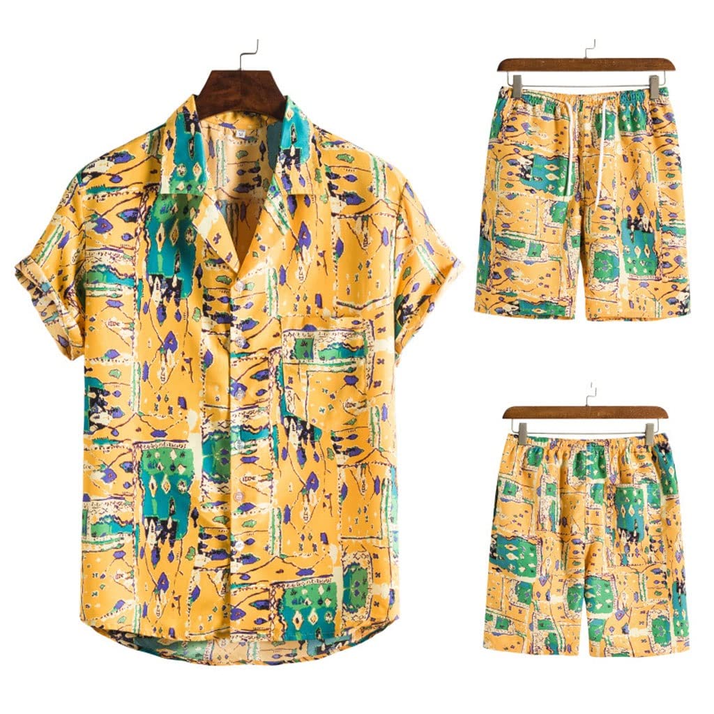 LEIGE Hawaiian Beach Shirt & Shorts Set - Tropical Floral Print Short Sleeve Button Up Shirt with Matching Swim Trunks for Men (Yellow, Size XL) | Perfect for Vacation, Pool Party & Summer Outfits