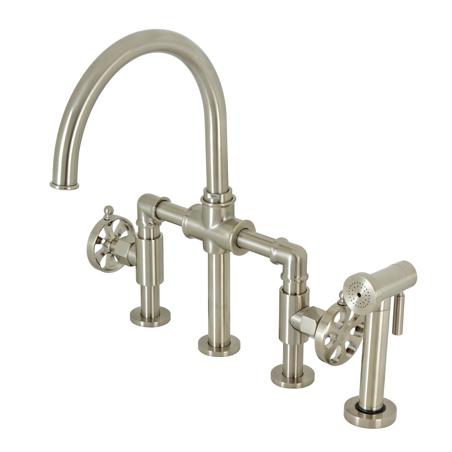 Belknap KS2338RX Brushed Nickel 4-Hole Deck Mount Industrial Bridge Kitchen Faucet with Brass Side Sprayer - Two Handle Commercial Style Sink Faucet for Restaurant, Bar & Home Kitchen