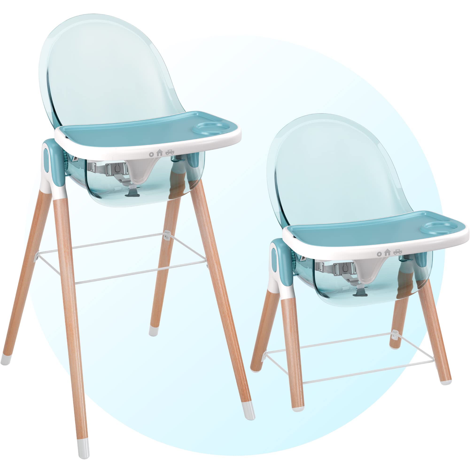 6-in-1 Deluxe Wooden High Chair for Babies & Toddlers - Modern Safe Compact Baby Highchair with Removable Tray | 3 Seat Positions & 2 Height Adjustments | Easy to Clean & Assemble | Nursery, Dining Room & Outdoor Use (Blue)