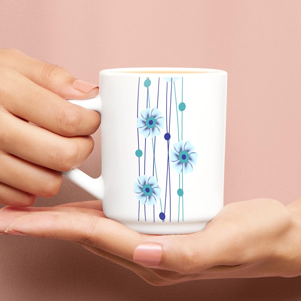 Borosil Bluebell Opalware Tea & Coffee Mugs Set of 6 - 240ml Each, Microwave & Dishwasher Safe, Bone-Ash Free, Durable White Ceramic Cups for Home, Office, Restaurants & Gift Giving