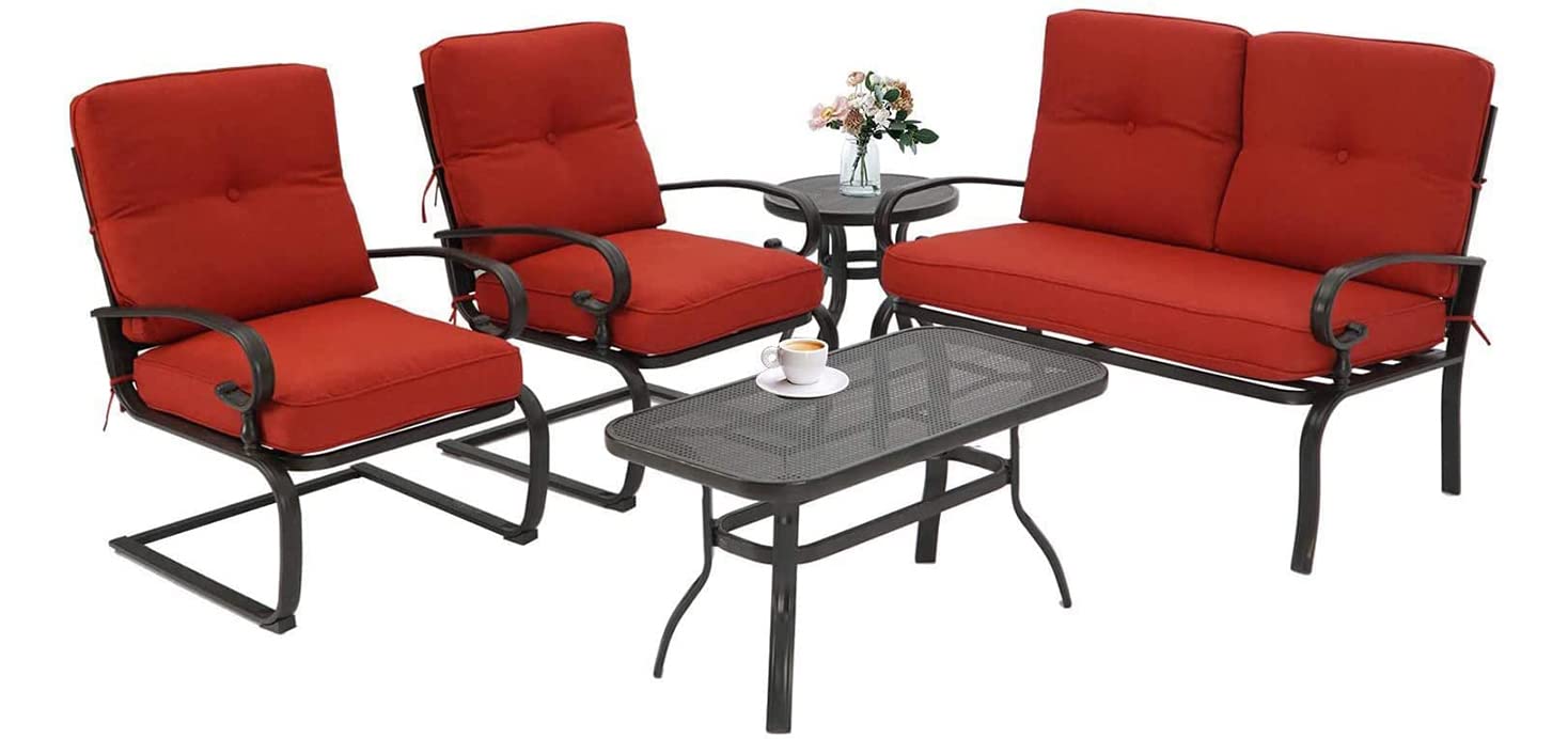 Incbruce 5-Piece Wrought Iron Patio Furniture Set - Outdoor Metal Conversation Set with Loveseat, Coffee Table, Bistro Table & 2 Spring Chairs (Includes Cushions, Red) - Perfect for Garden, Backyard, Poolside & Patio Relaxation
