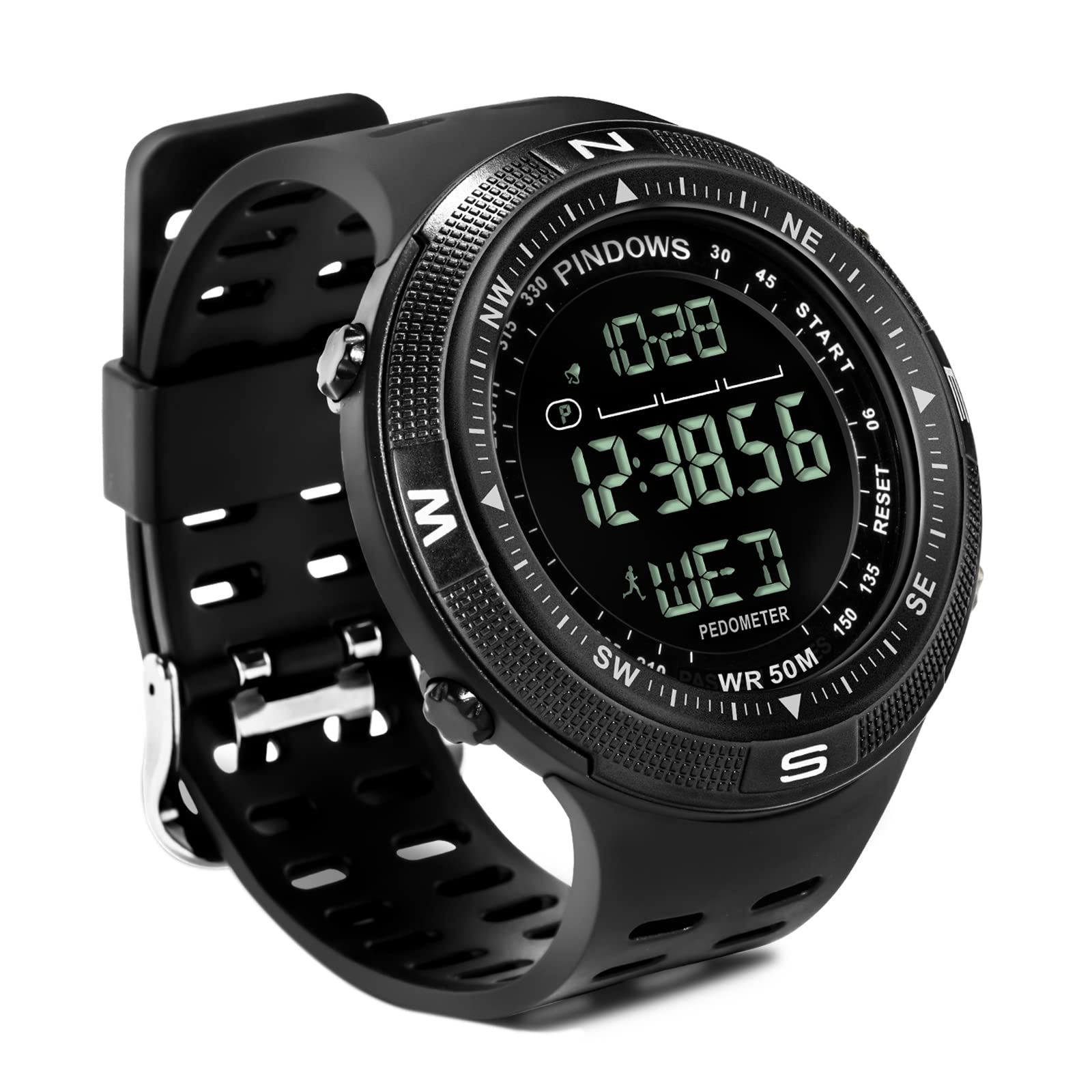 PINDOWS Men's Digital Sports Watch - Waterproof Military Watch with Pedometer, Calorie Counter, Compass, LED Backlight, Alarm & Stopwatch | Perfect for Outdoor Activities, Hiking, Running & Fitness Training