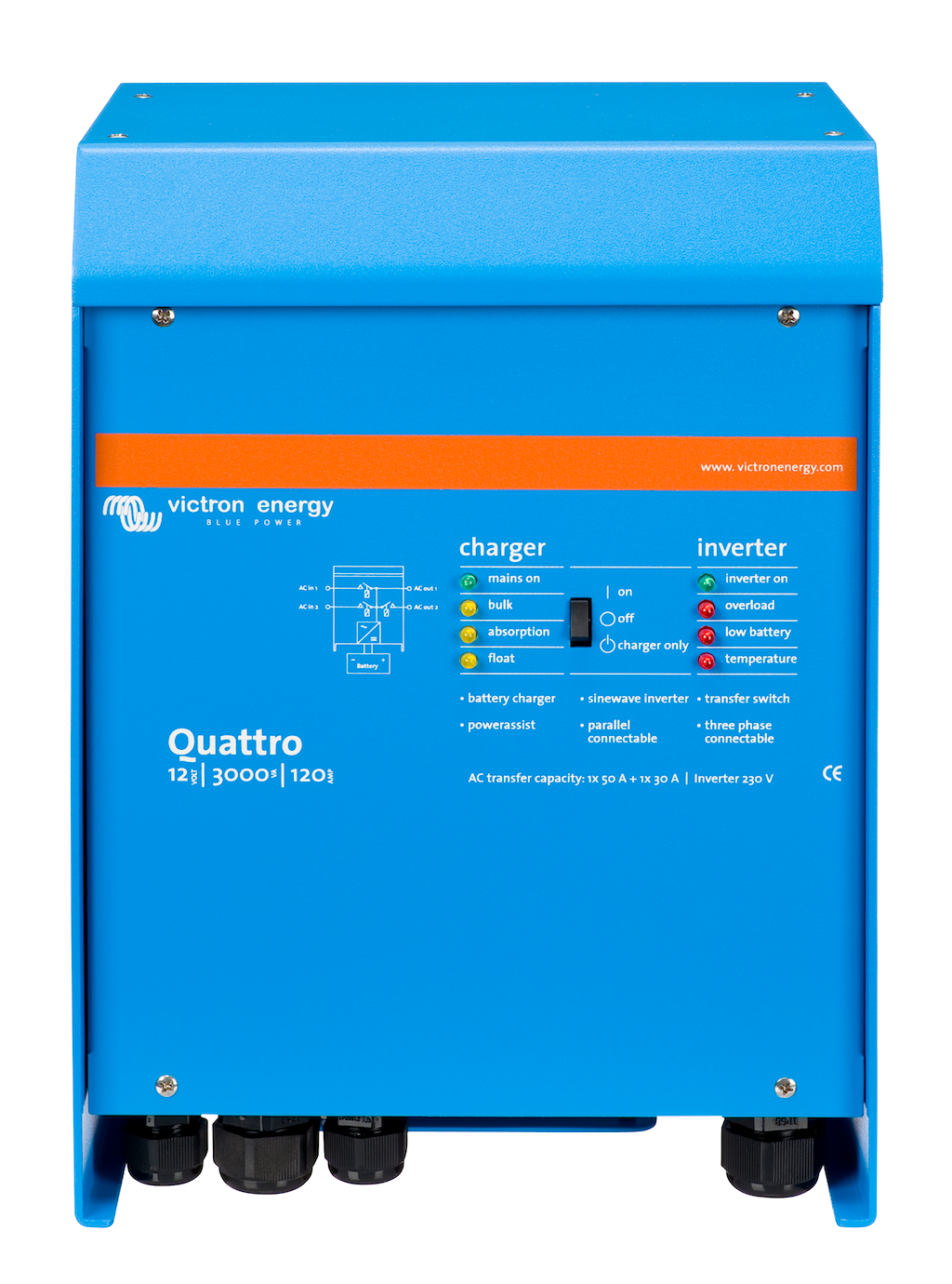 Quattro 12V/3000W/120A 50/50 230V Inverter Charger - Perfect for RVs, Boats, and Off-Grid Solar Power Systems