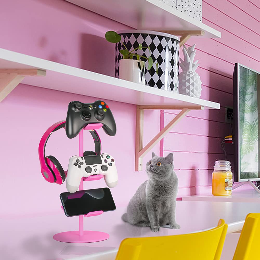 Pink Controller Holder & Headphone Stand - 3-Tier Adjustable Gaming Accessory Organizer for Xbox, PS4, PS5, Nintendo Switch - Perfect for Gaming Setup & Desk Organization (Cute Pink)
