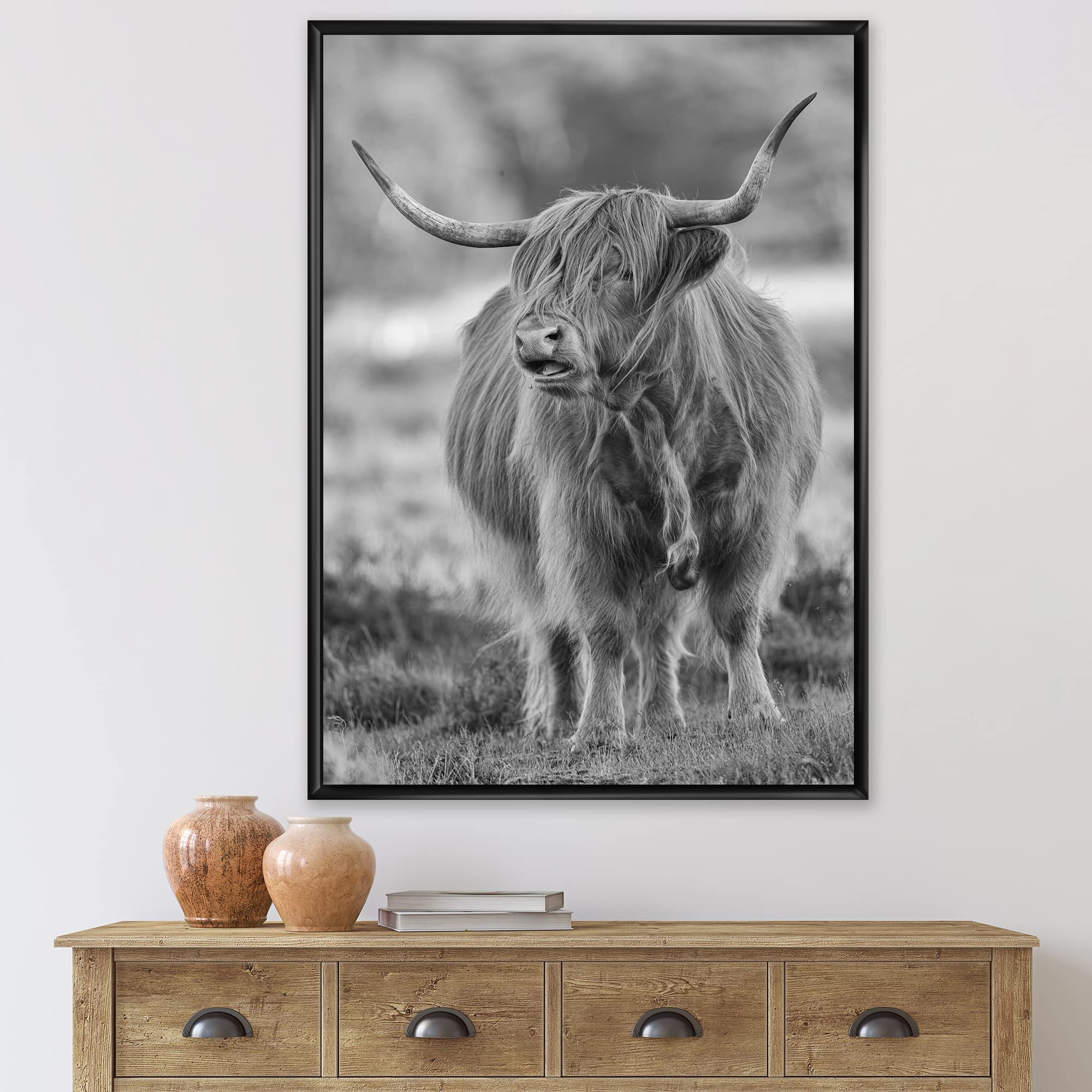 Farmhouse Bull Canvas Wall Art - Close Up View of Bull Framed Print - Perfect for Living Room, Bedroom & Country Home Decor