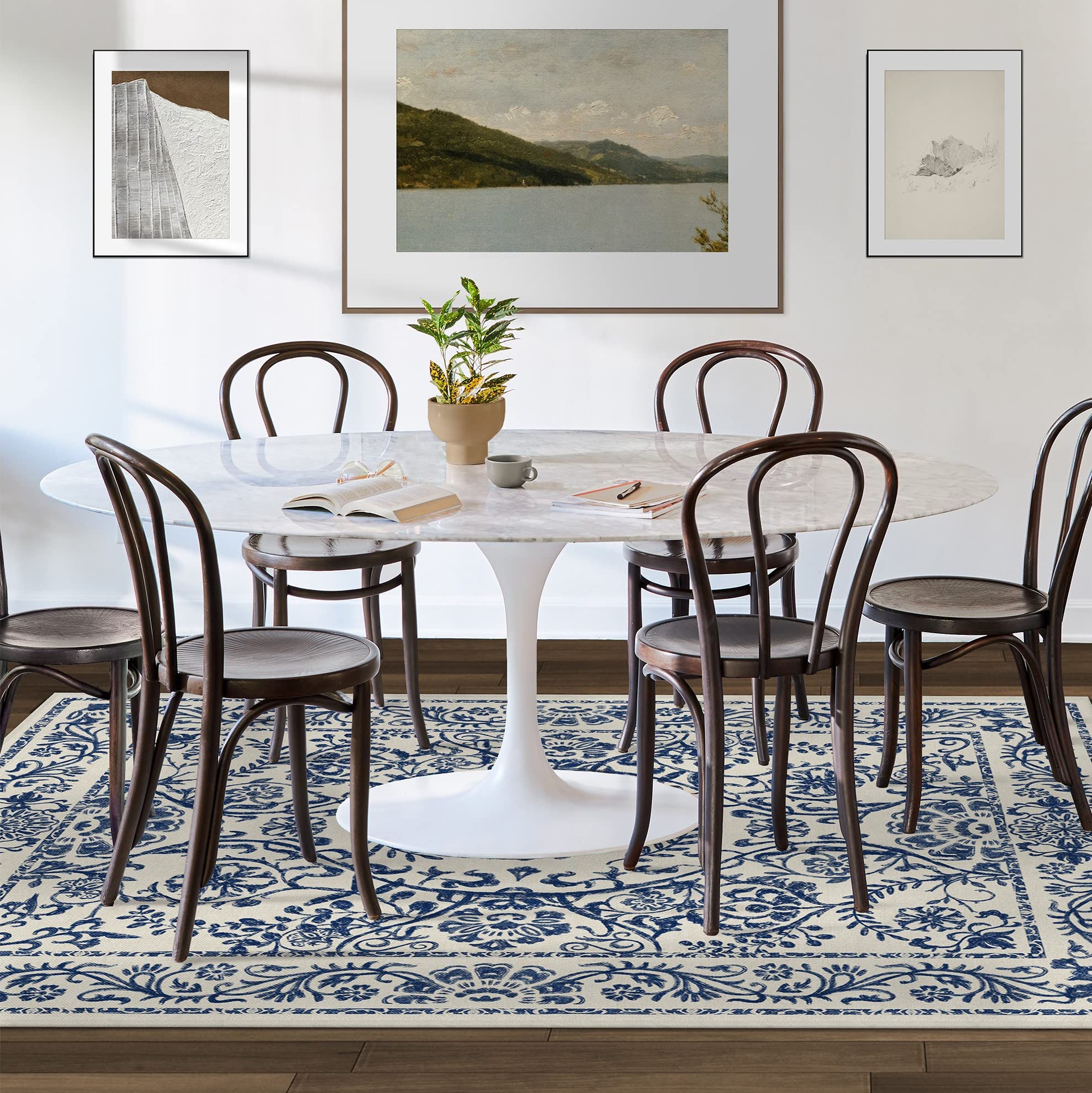Ruggable Washable 6x9 Area Rug | Delphina Delft Blue Vintage Design | Non-Slip Gripper Pad | Premium Machine Washable Rug for Living Room, Bedroom, Kitchen, Office & Classroom | Perfect for High-Traffic Areas & Pet-Friendly Homes