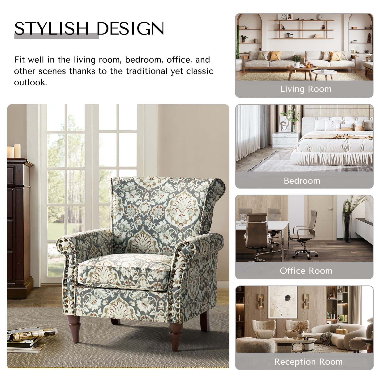 HULALA HOME Modern Wingback Accent Chairs Set of 2 with Wood Legs & Removable Cushion - Comfortable Upholstered Armchairs with Nailhead Trim, Floral Pattern Living Room Bedroom Sofa Chairs (Pine Wood) - Perfect for Cozy Reading Nook, Lounge Area or Guest Seating