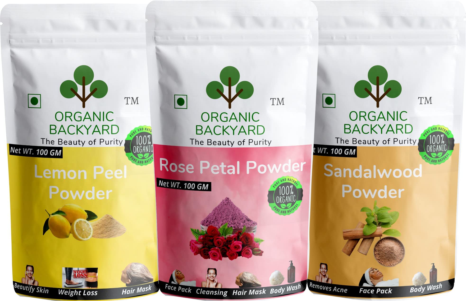 Organic Backyard 100% Natural Rose Petal, Sandalwood & Lemon Peel Powder Combo - 100g Each for Glowing Skin & Face Care - DIY Face Masks, Aromatherapy & Natural Beauty Treatments