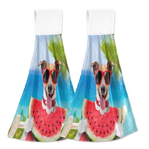 2 Pack Summer Dog Puppy Hand Towels - Soft Absorbent Microfiber Kitchen & Bath Towels with Hanging Loop, Watermelon Beach Design for Bathroom, Laundry, Farmhouse - Perfect for Pets, Beach Trips & Home Decor