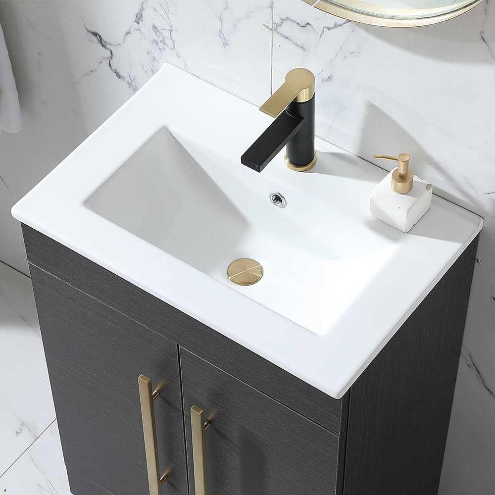 24 Inch Modern Bathroom Vanity with Sink - Small Space Black & Grey Cabinet with 2 Doors & Gold Handles | Perfect for Compact Bathrooms, Powder Rooms & Apartment Renovations