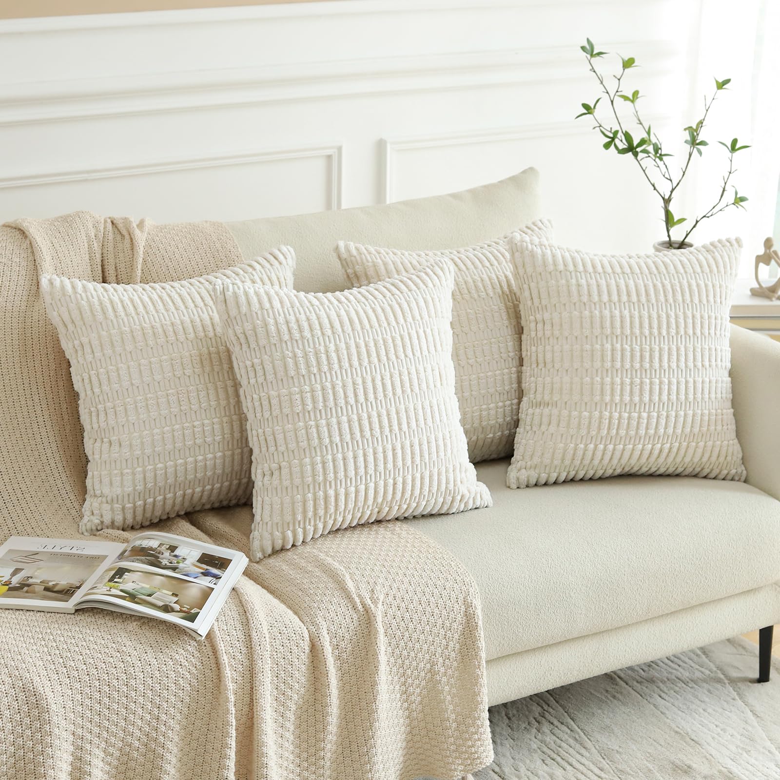 OTOSTAR Set of 4 Soft Corduroy Decorative Throw Pillow Covers 18x18 Inch (45x45cm) - Striped Square Boho Pillowcases for Sofa, Bedroom, Living Room, Patio & Farmhouse Decor - Cream White - Cozy Home Accent for Relaxation & Stylish Interior Design