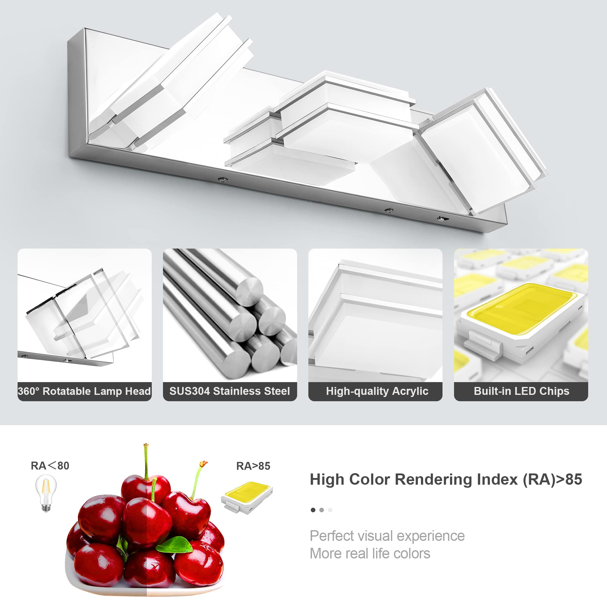3-Light Dimmable LED Bathroom Vanity Lighting Fixture with Chrome Finish & Acrylic Shade - Adjustable 3000K-6000K Color Temperature - ETL Certified for Bathroom Mirror & Makeup Area